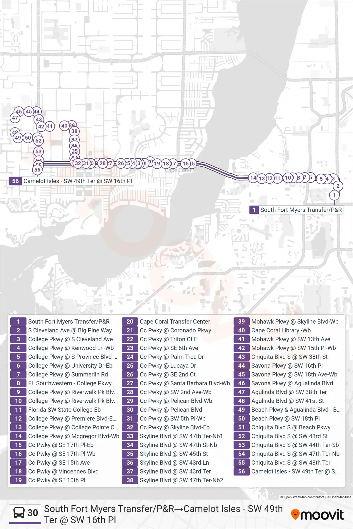 30 bus Line (South Fort Myers Transfer/P&R→Camelot Isles - SW 49th Ter @ SW 16th Pl) route and stops on a map