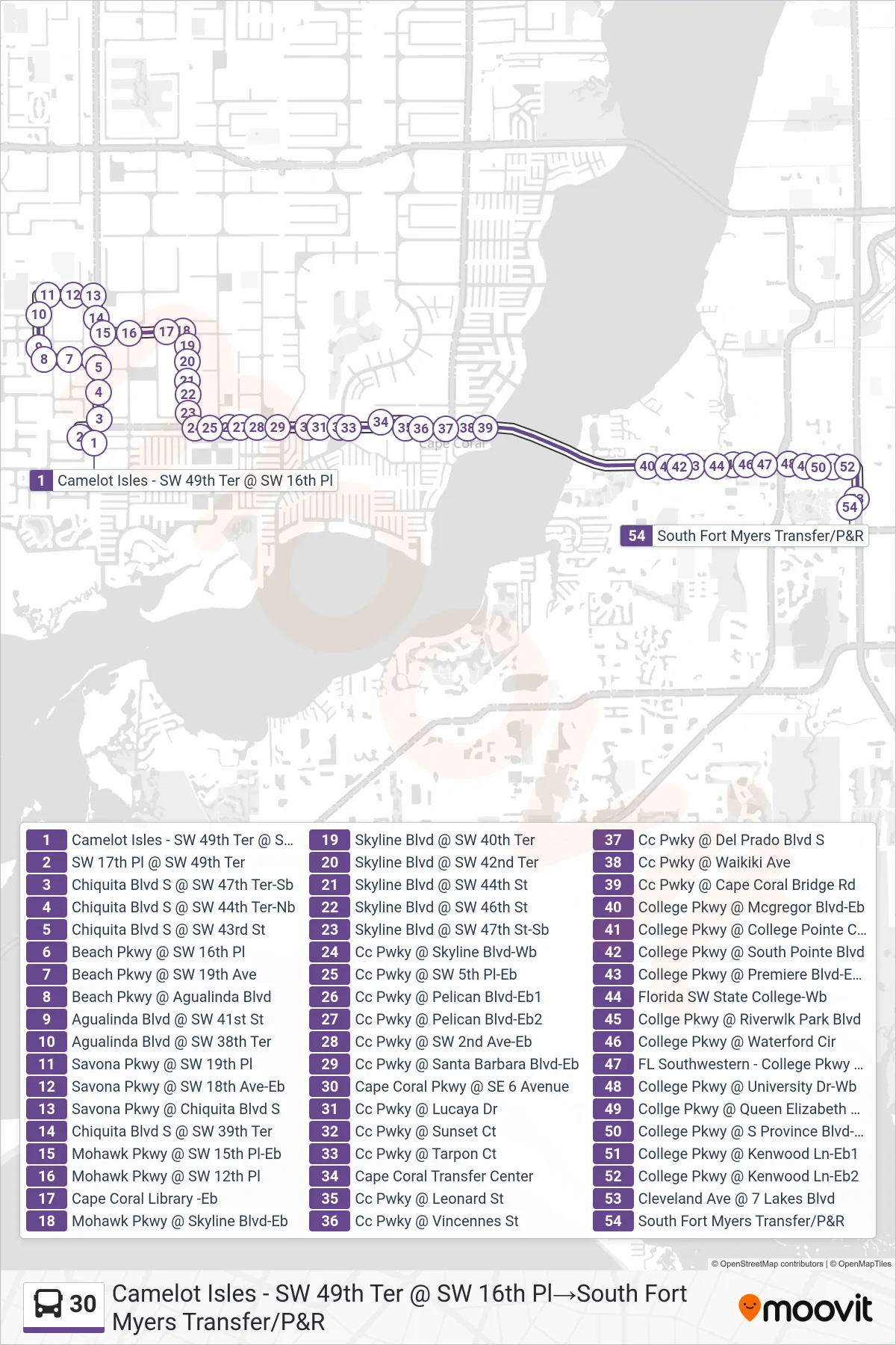30 bus Line (Camelot Isles - SW 49th Ter @ SW 16th Pl→South Fort Myers Transfer/P&R) route and stops on a map