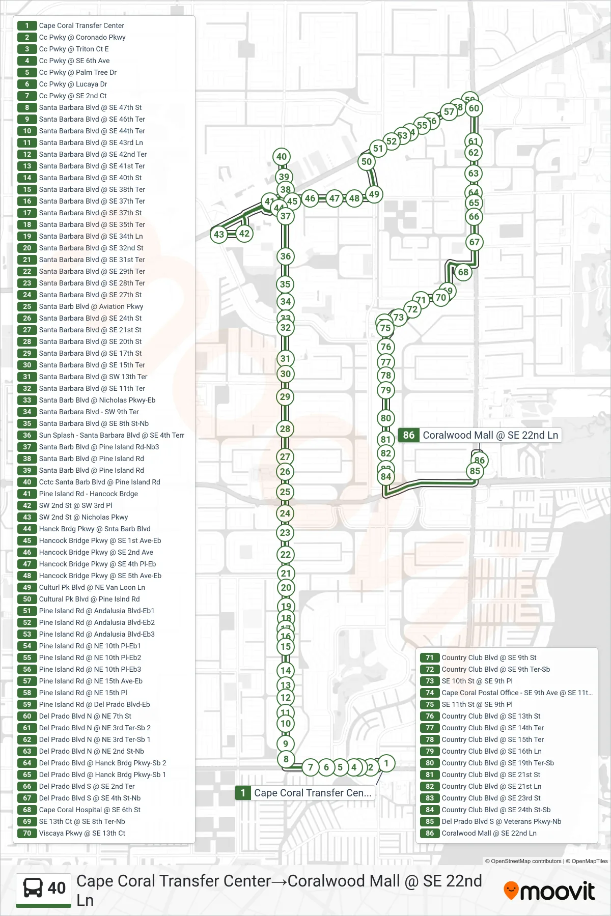 40 bus Line (Cape Coral Transfer Center→Coralwood Mall @ SE 22nd Ln) route and stops on a map