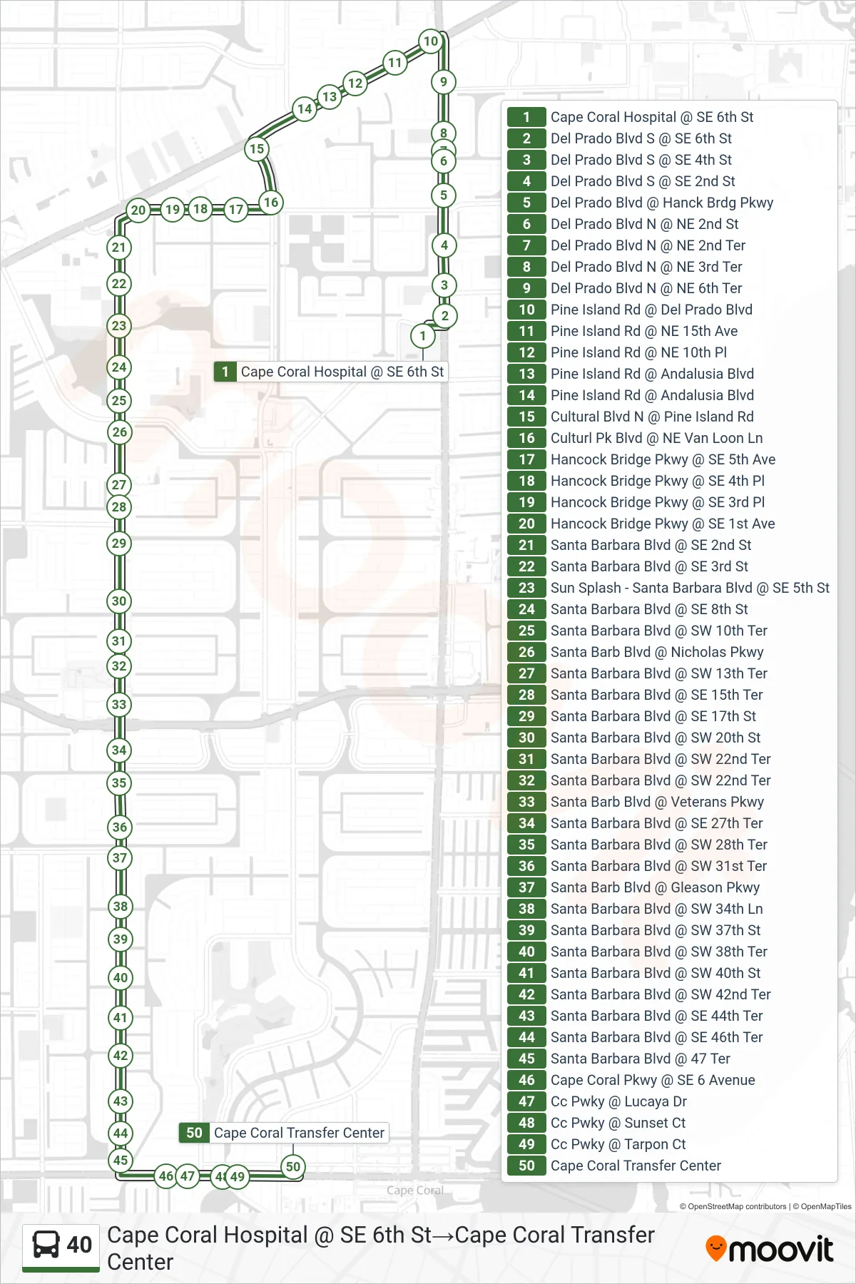 40 bus Line (Cape Coral Hospital @ SE 6th St→Cape Coral Transfer Center) route and stops on a map