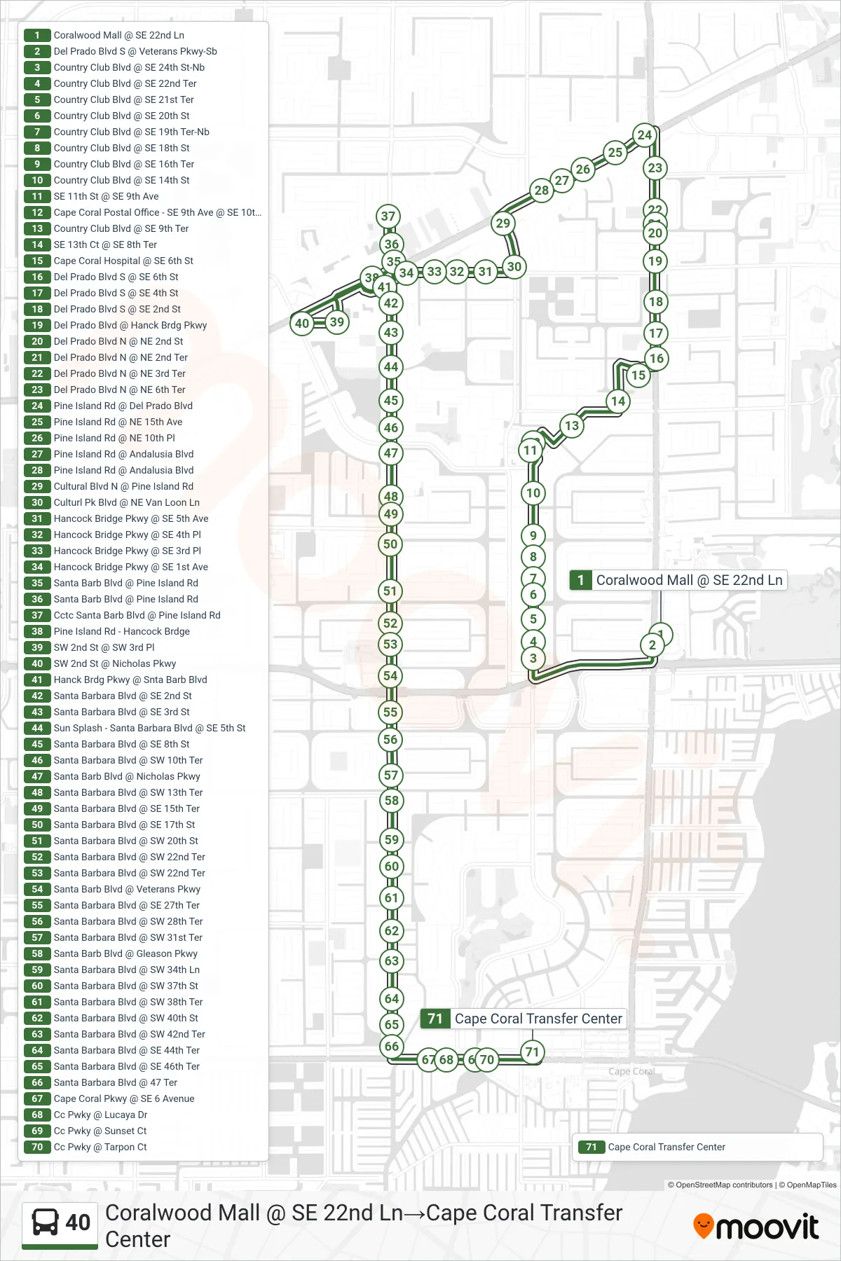 40 bus Line (Coralwood Mall @ SE 22nd Ln‎→Cape Coral Transfer Center) route and stops on a map