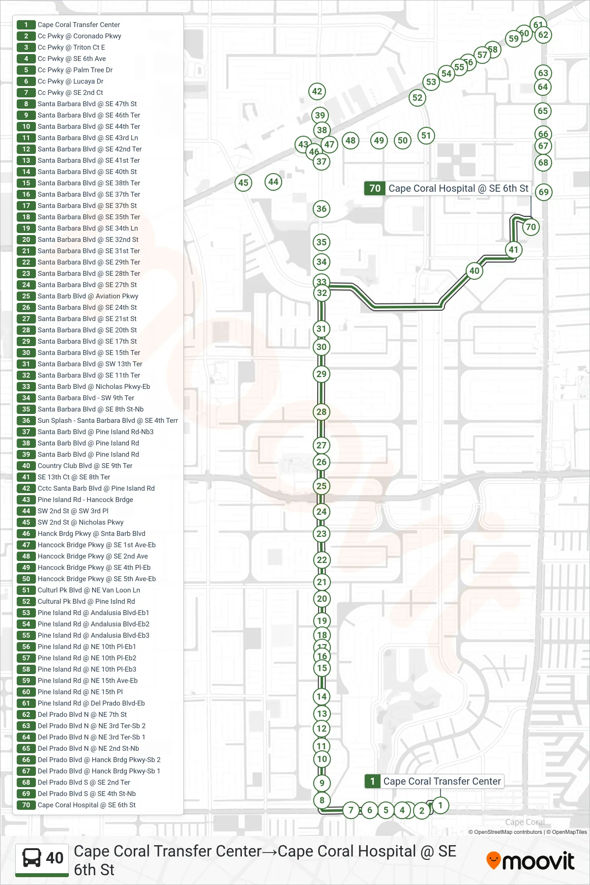 40 bus Line (Cape Coral Transfer Center‎→Cape Coral Hospital @ SE 6th St) route and stops on a map
