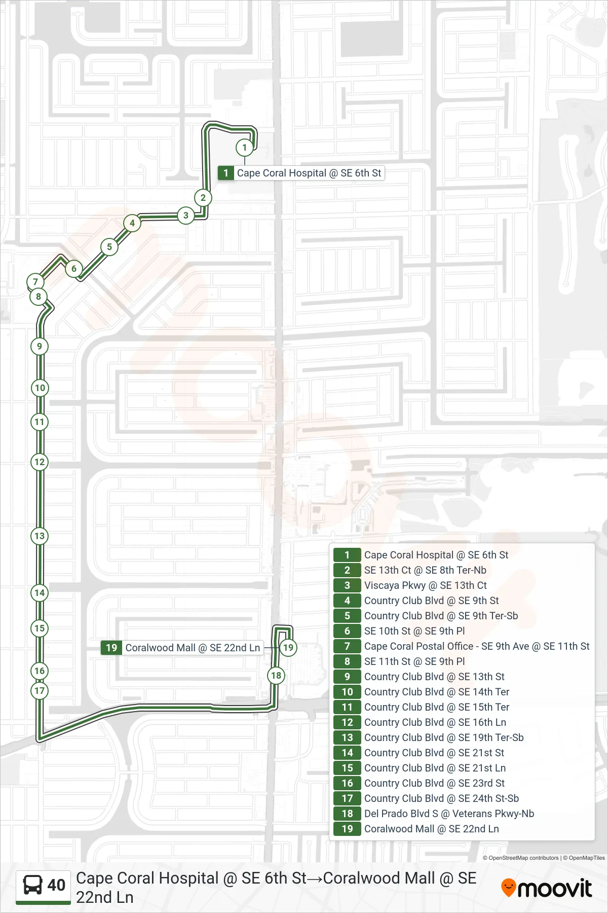40 bus Line (Cape Coral Hospital @ SE 6th St‎→Coralwood Mall @ SE 22nd Ln) route and stops on a map