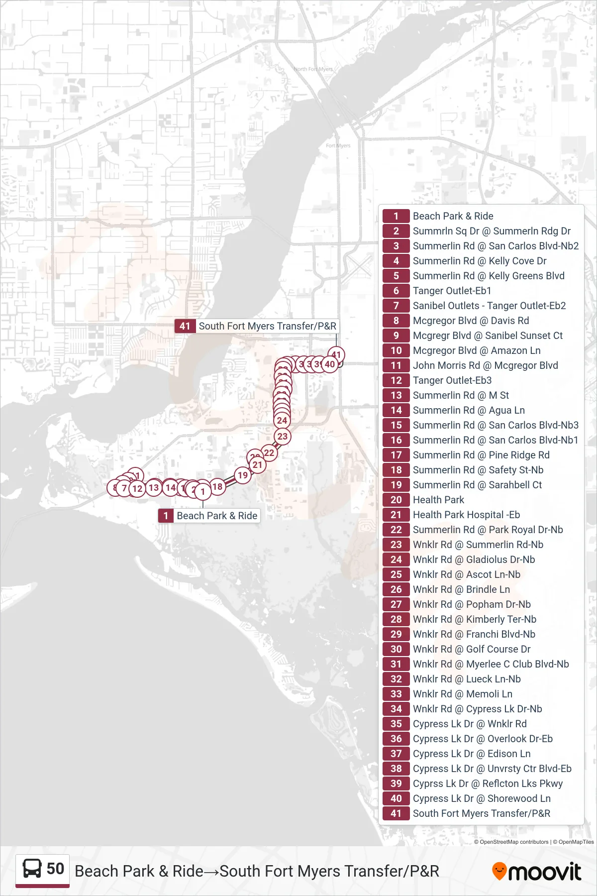 50 bus Line (Beach Park & Ride‎→South Fort Myers Transfer/P&R) route and stops on a map