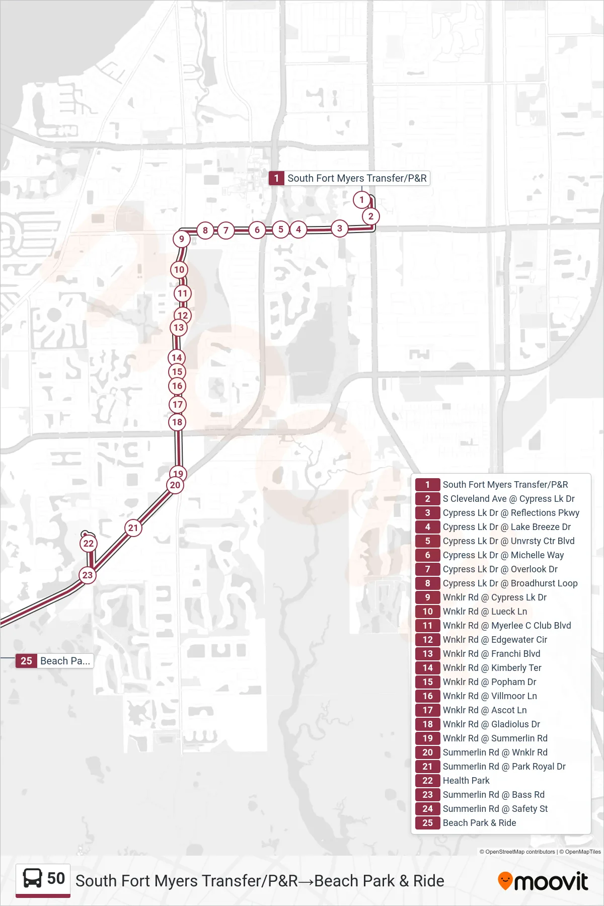 50 bus Line (South Fort Myers Transfer/P&R→Beach Park & Ride) route and stops on a map
