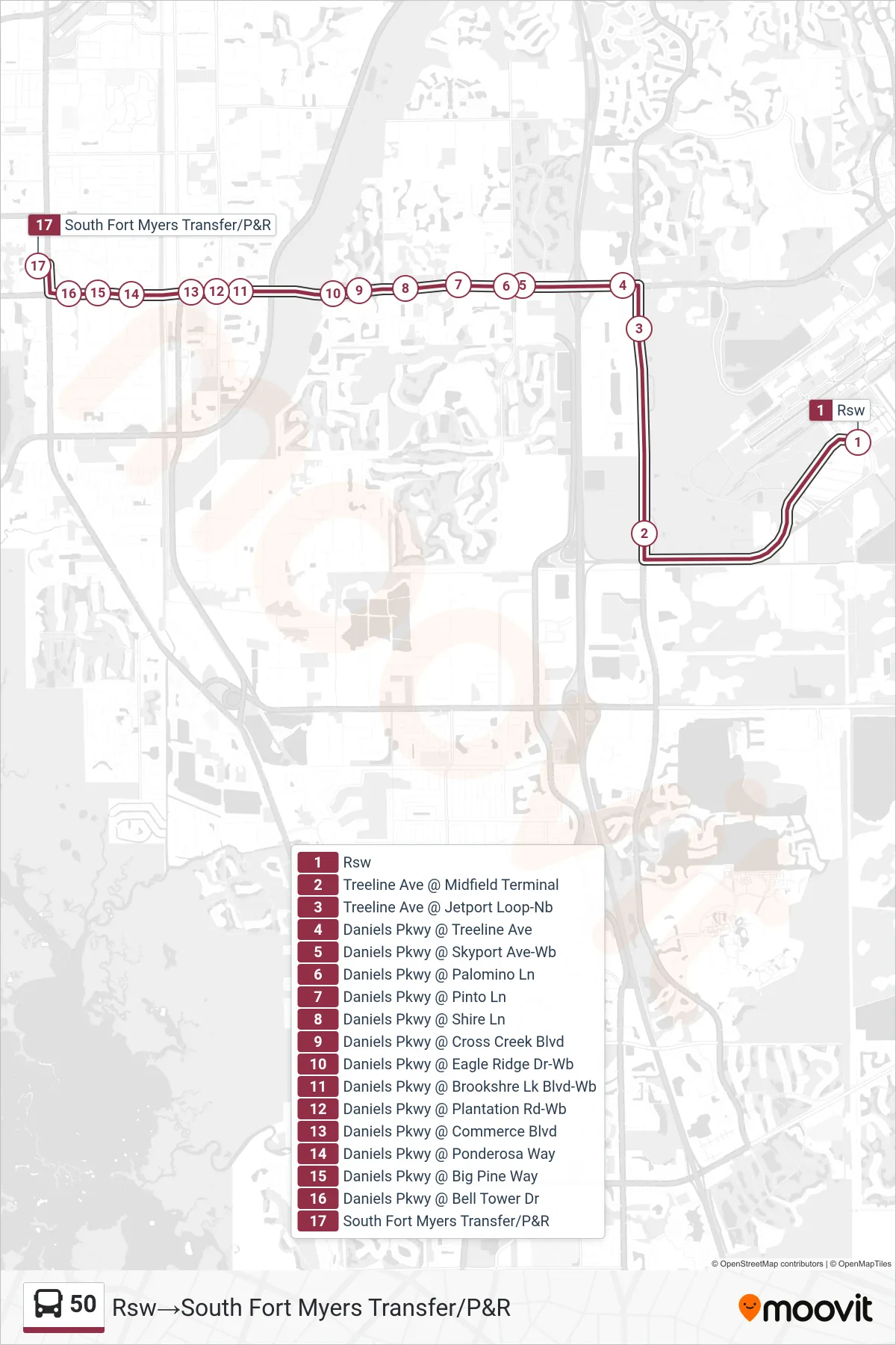 50 bus Line (Rsw‎→South Fort Myers Transfer/P&R) route and stops on a map