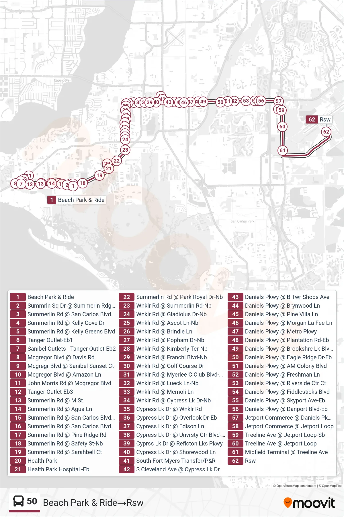 50 bus Line (Beach Park & Ride→Rsw) route and stops on a map