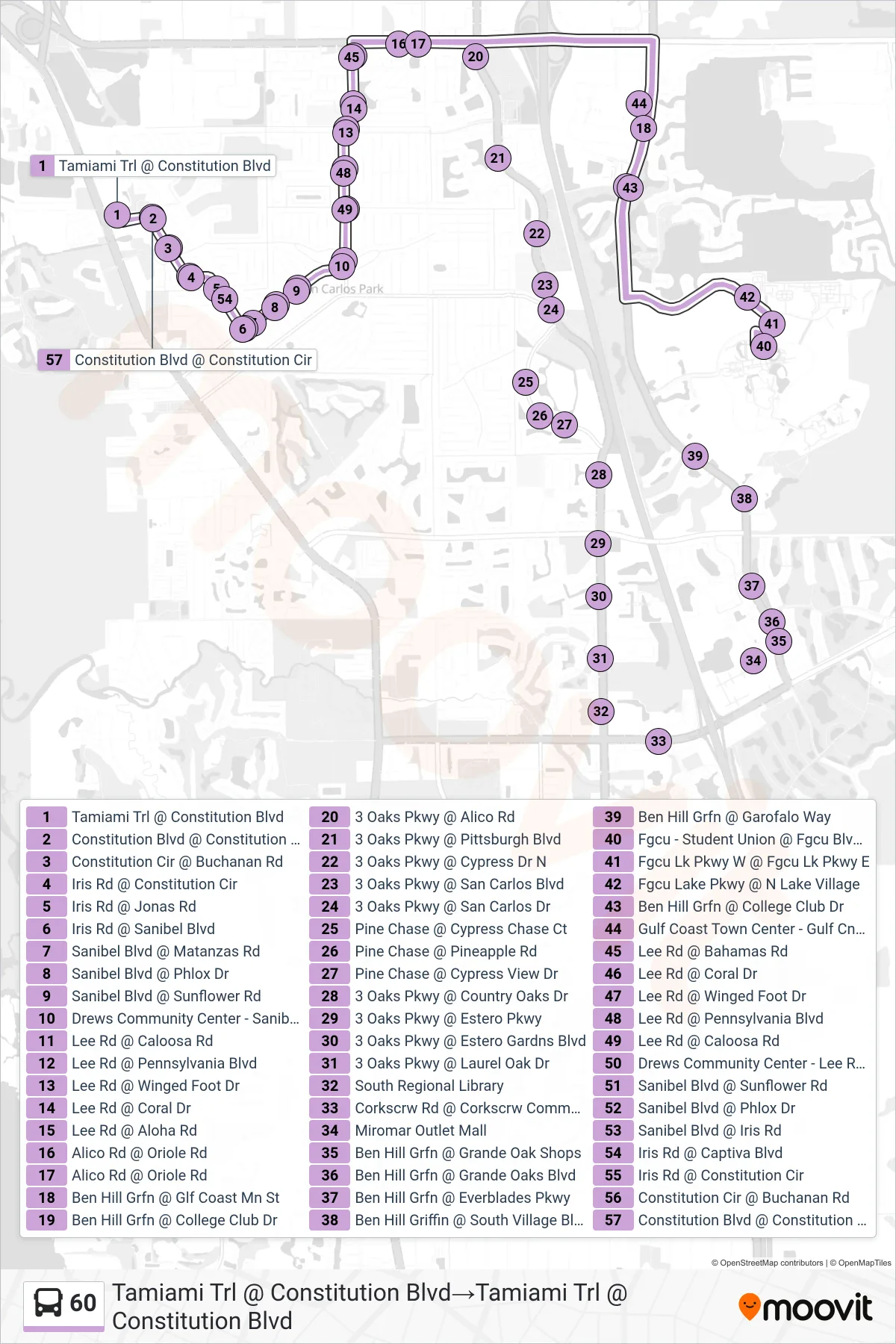 60 bus Line (Tamiami Trl @ Constitution Blvd→Tamiami Trl @ Constitution Blvd) route and stops on a map