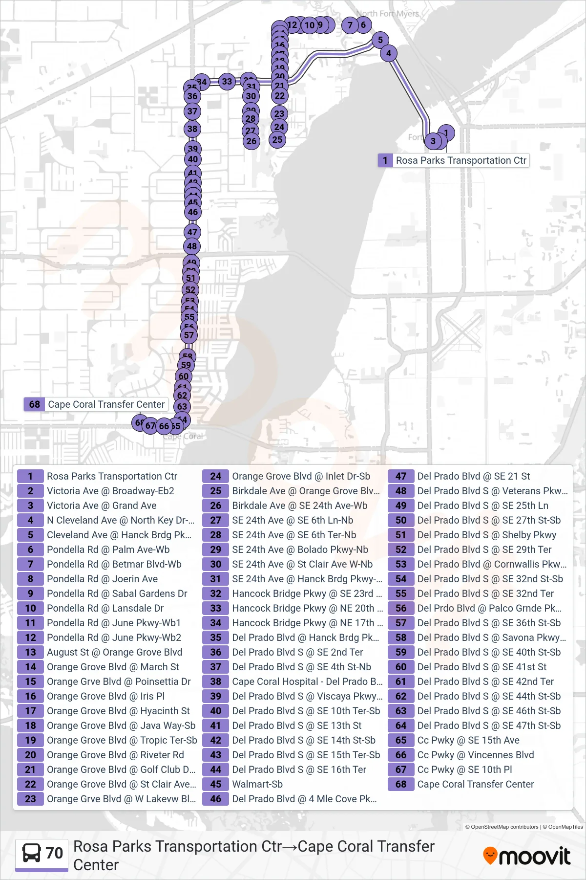 70 bus Line (Rosa Parks Transportation Ctr‎→Cape Coral Transfer Center) route and stops on a map