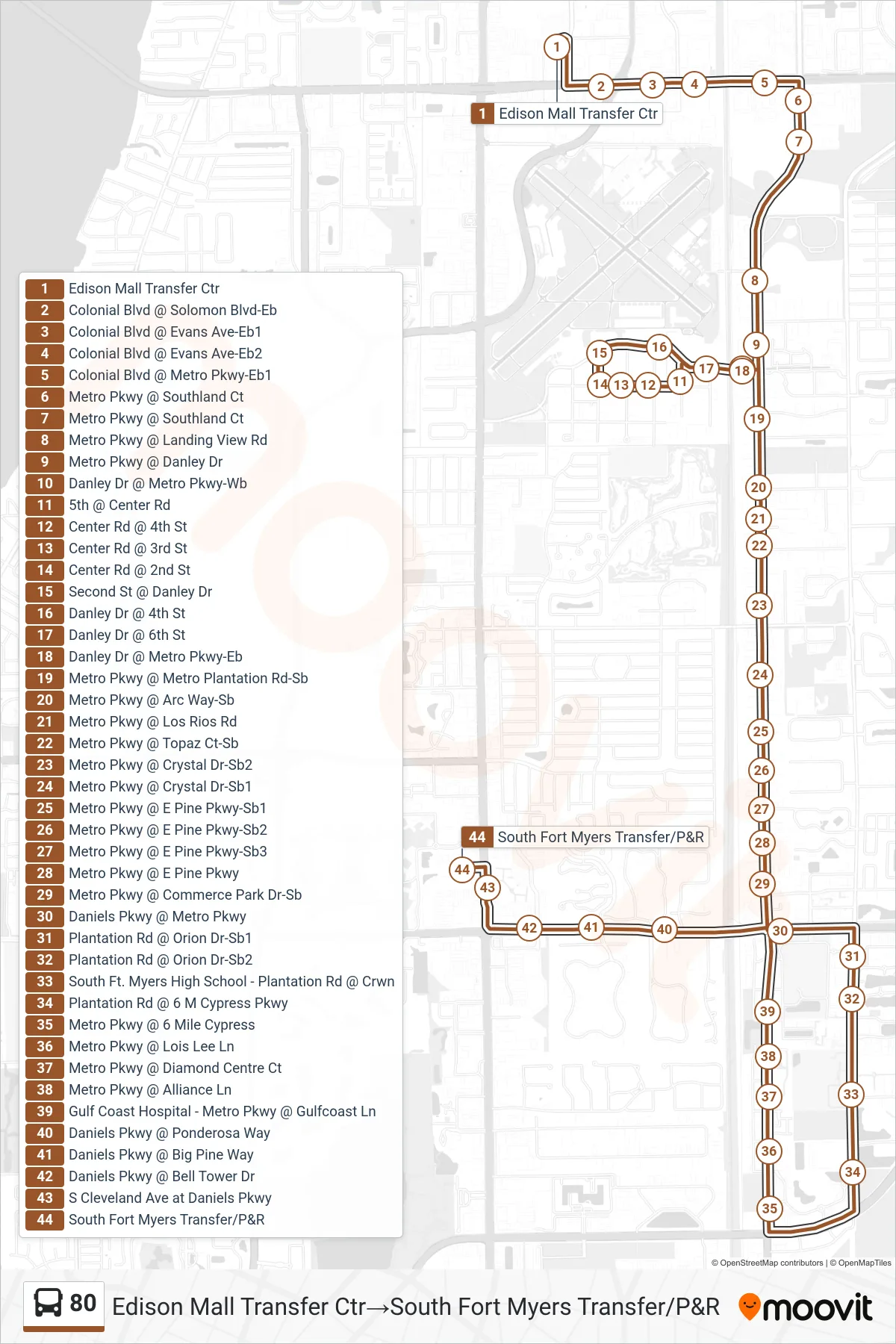 80 bus Line (Edison Mall Transfer Ctr‎→South Fort Myers Transfer/P&R) route and stops on a map