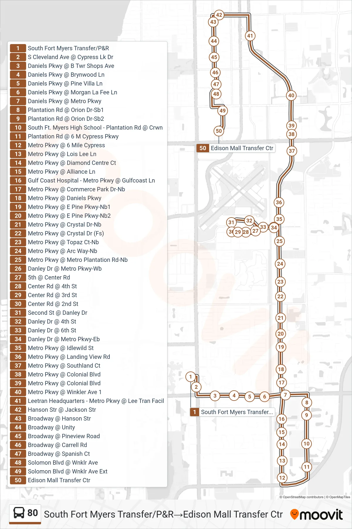 80 bus Line (South Fort Myers Transfer/P&R→Edison Mall Transfer Ctr) route and stops on a map