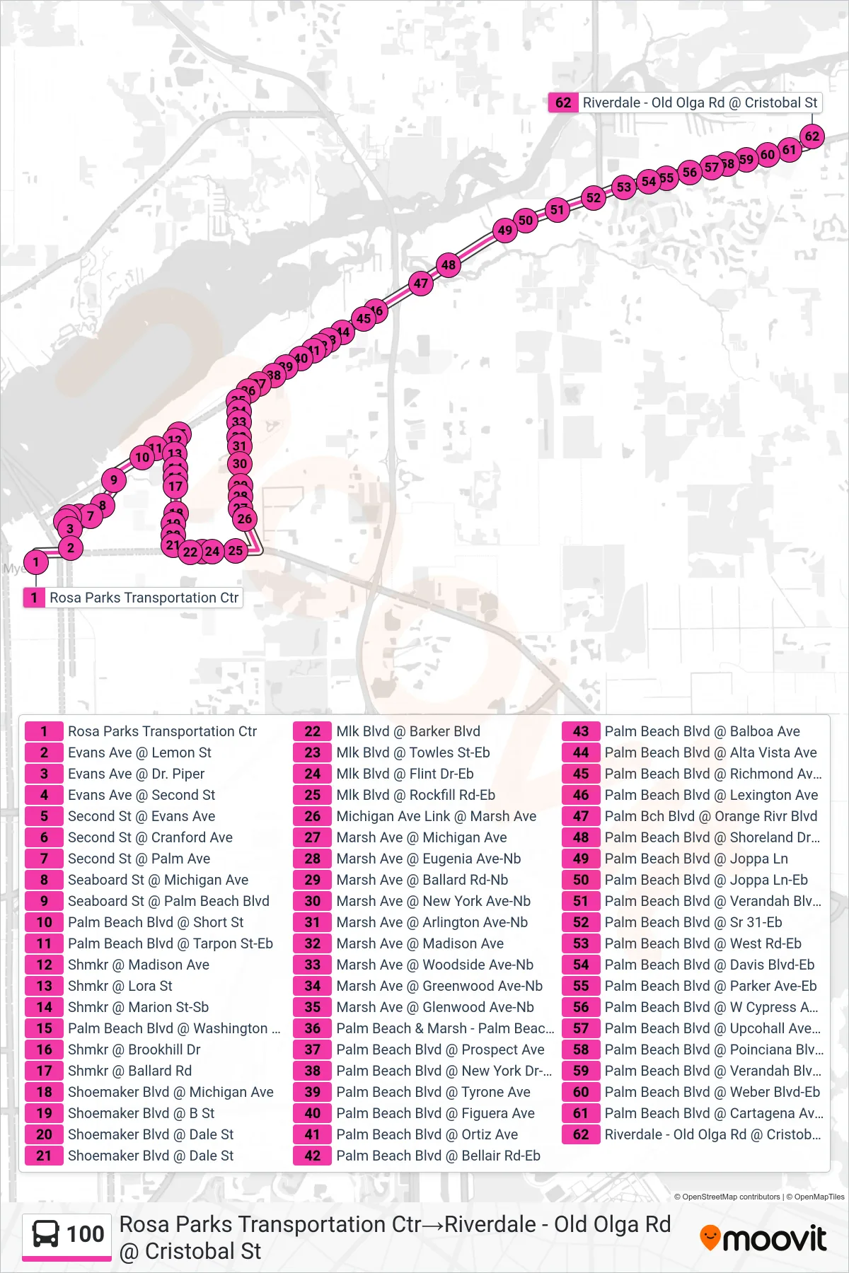 100 bus Line (Rosa Parks Transportation Ctr‎→Riverdale - Old Olga Rd @ Cristobal St) route and stops on a map