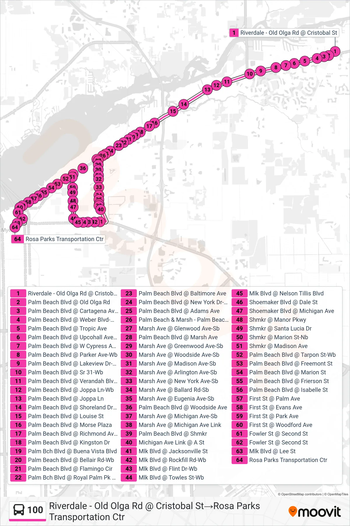 100 bus Line (Riverdale - Old Olga Rd @ Cristobal St→Rosa Parks Transportation Ctr) route and stops on a map