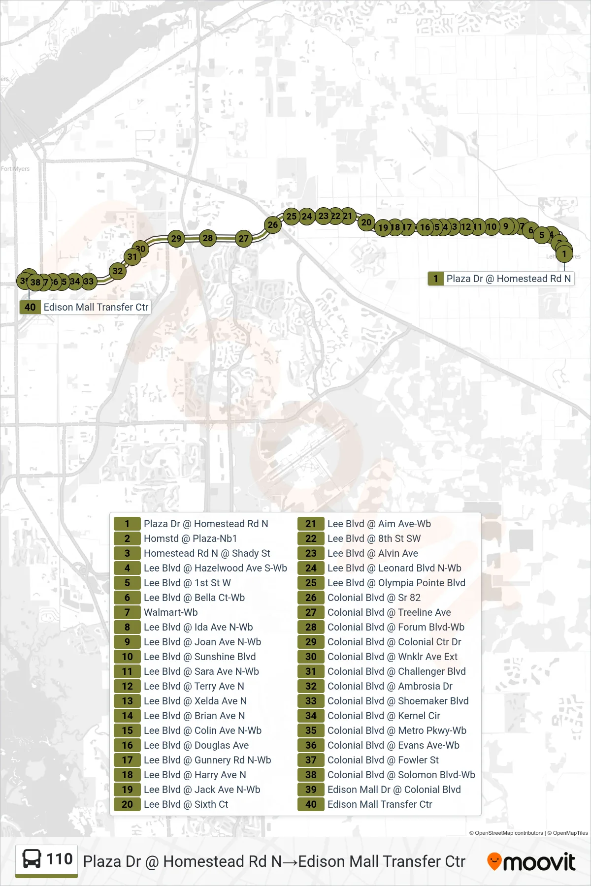 110 bus Line (Plaza Dr @ Homestead Rd N‎→Edison Mall Transfer Ctr) route and stops on a map