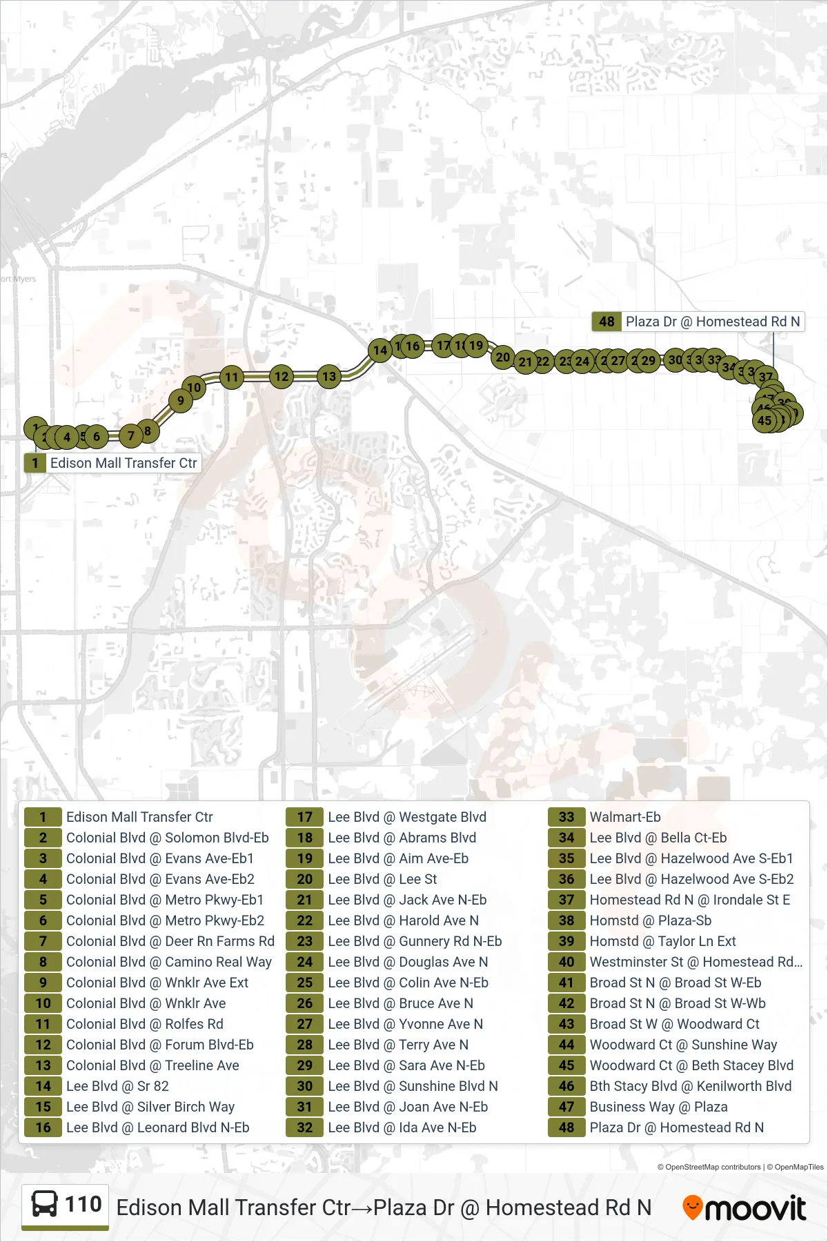 110 bus Line (Edison Mall Transfer Ctr→Plaza Dr @ Homestead Rd N) route and stops on a map