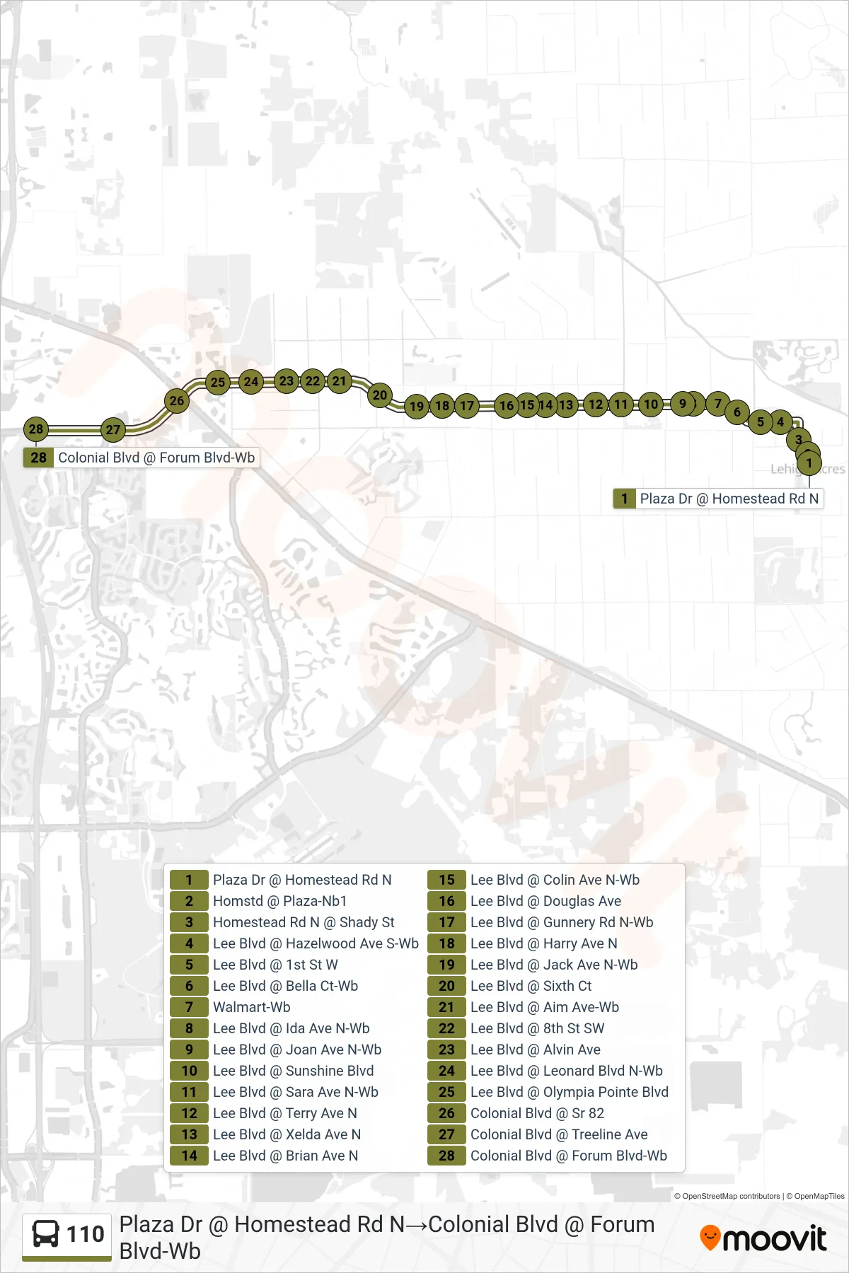 110 bus Line (Plaza Dr @ Homestead Rd N→Colonial Blvd @ Forum Blvd-Wb) route and stops on a map