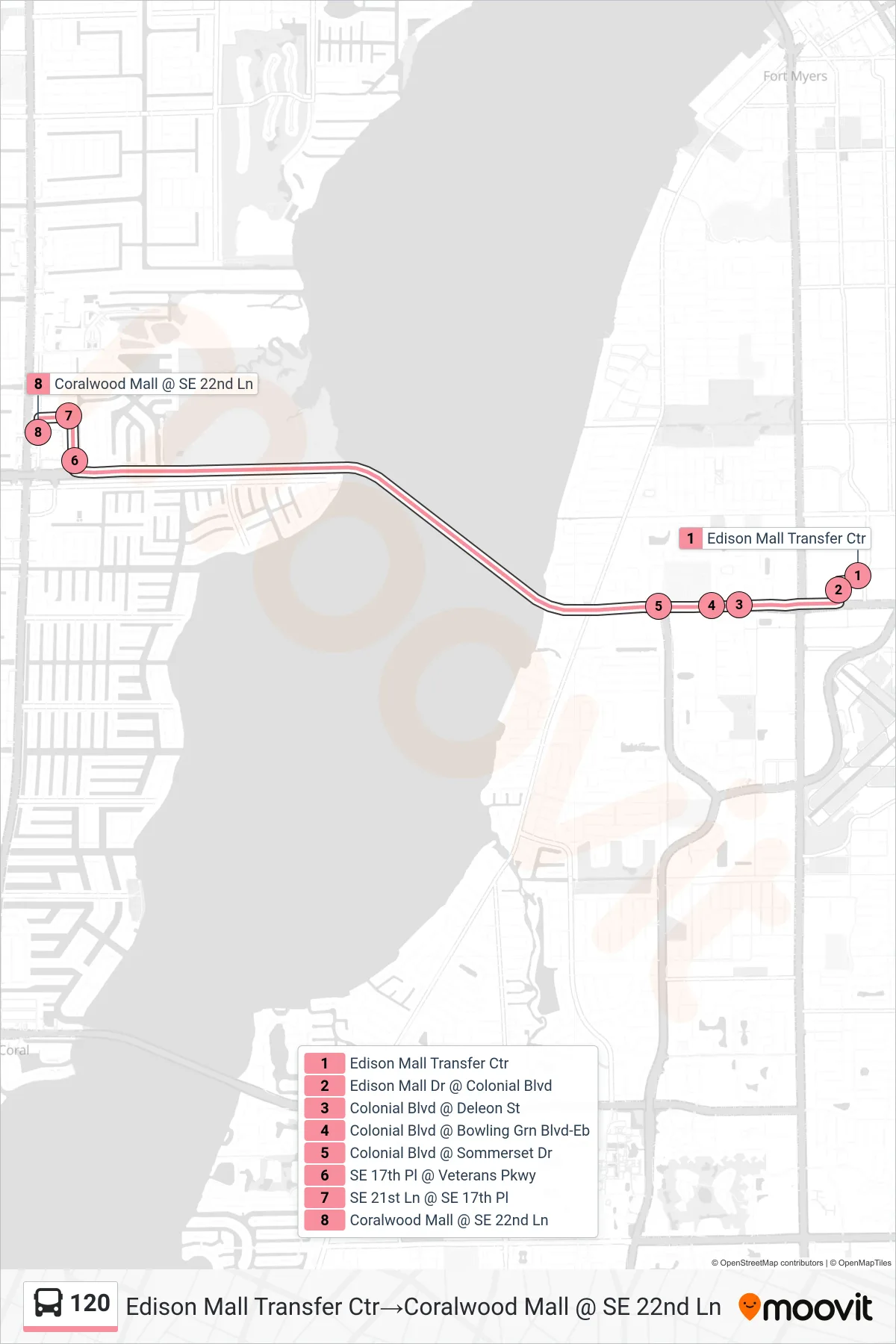 120 bus Line (Edison Mall Transfer Ctr‎→Coralwood Mall @ SE 22nd Ln) route and stops on a map