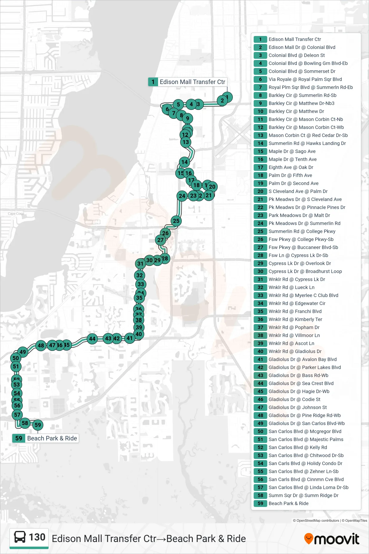 130 bus Line (Edison Mall Transfer Ctr‎→Beach Park & Ride) route and stops on a map
