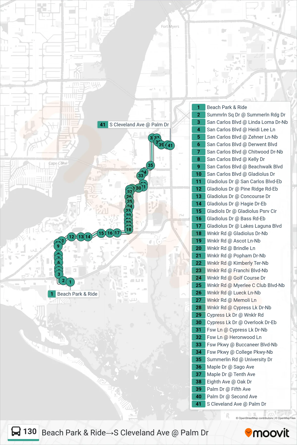 130 bus Line (Beach Park & Ride‎→S Cleveland Ave @ Palm Dr) route and stops on a map