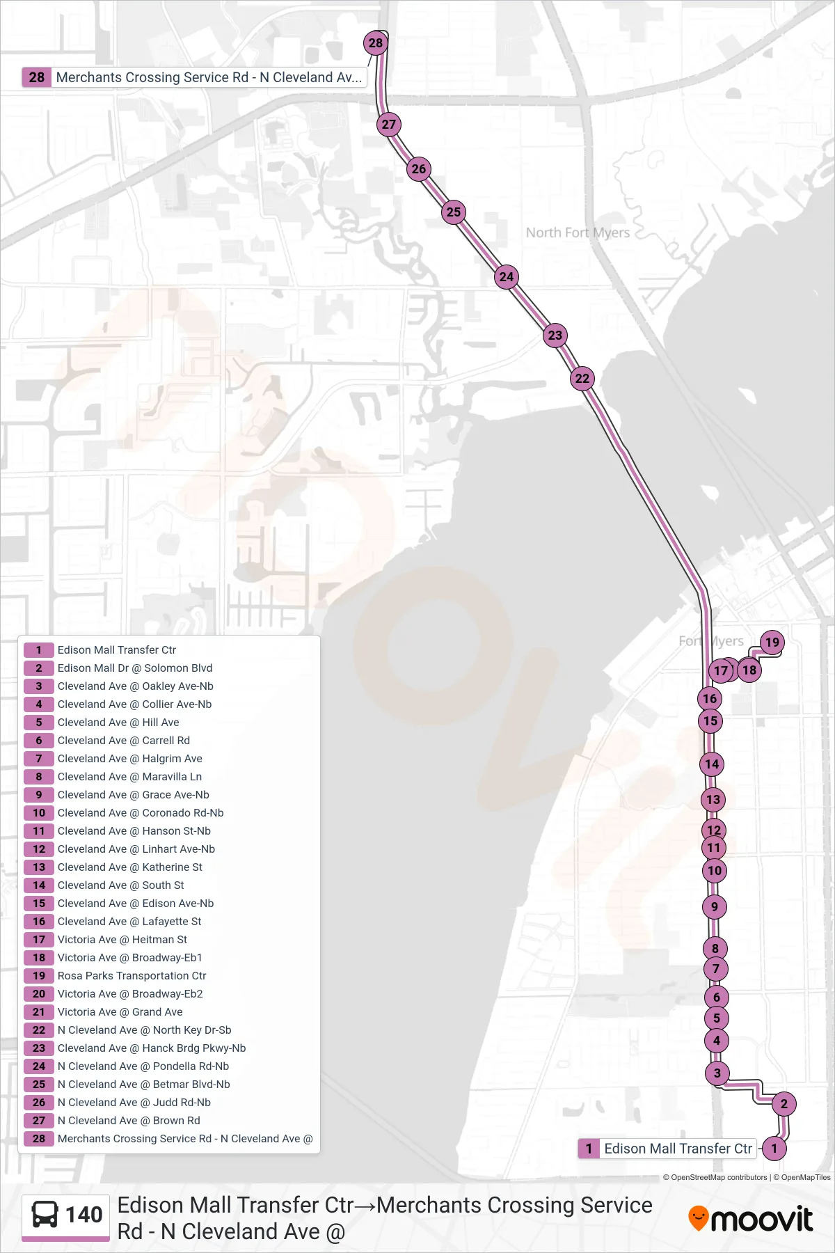 140 bus Line (Edison Mall Transfer Ctr→Merchants Crossing Service Rd - N Cleveland Ave @) route and stops on a map