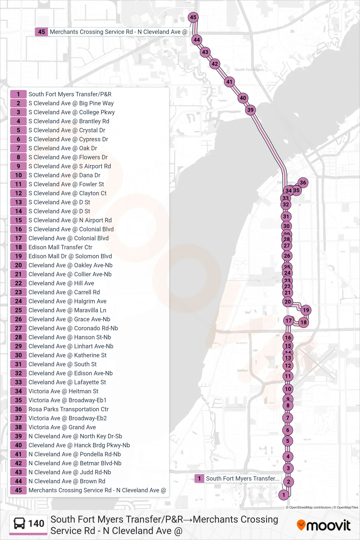 140 bus Line (South Fort Myers Transfer/P&R‎→Merchants Crossing Service Rd - N Cleveland Ave @) route and stops on a map