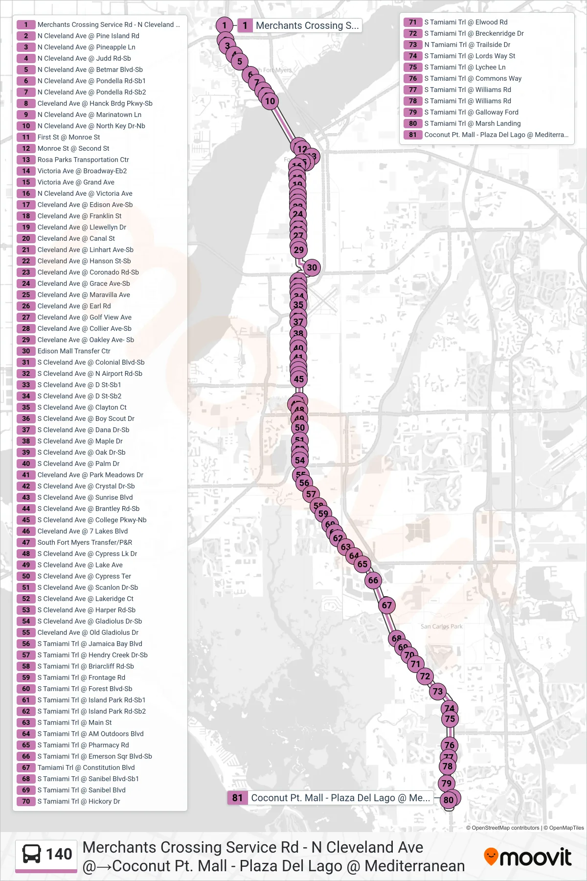140 bus Line (Merchants Crossing Service Rd - N Cleveland Ave @‎→Coconut Pt. Mall - Plaza Del Lago @ Mediterranean) route and stops on a map