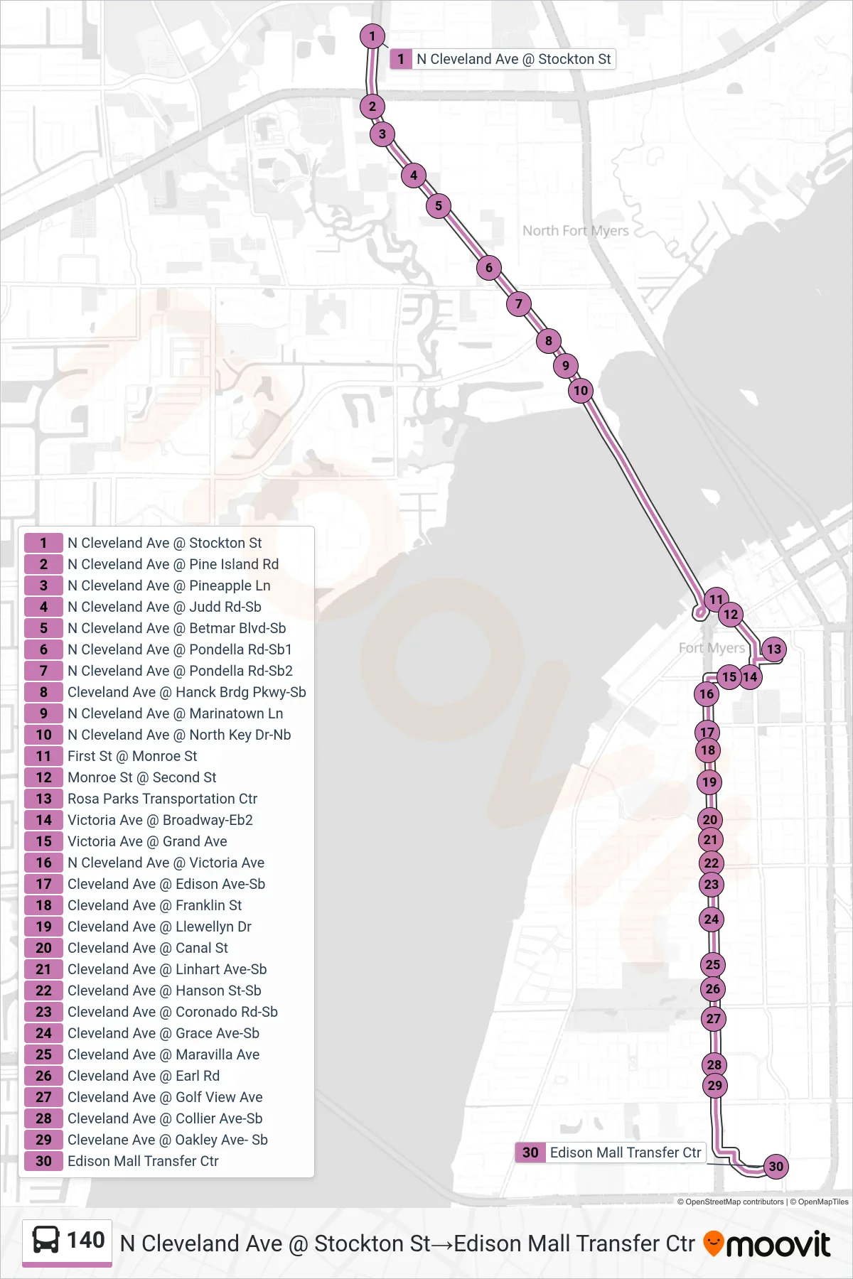 140 bus Line (N Cleveland Ave @ Stockton St→Edison Mall Transfer Ctr) route and stops on a map