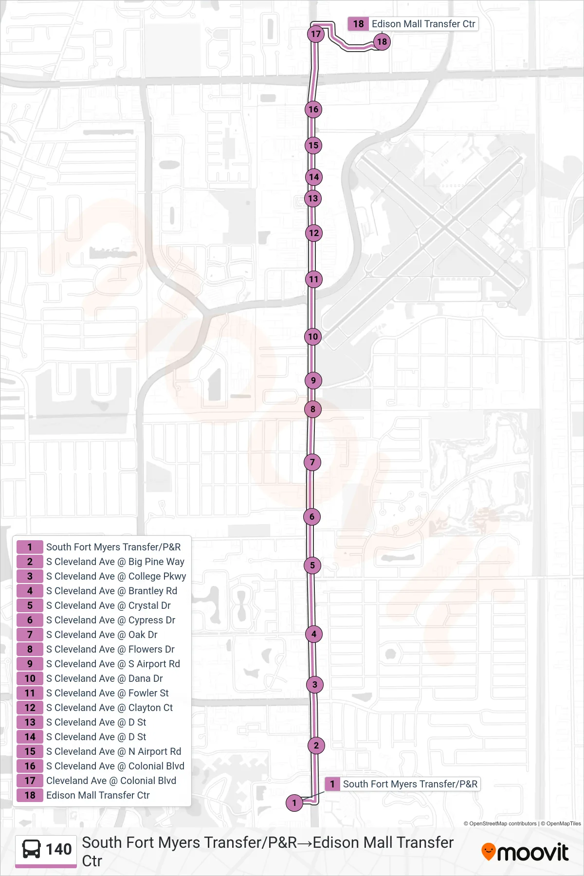 140 bus Line (South Fort Myers Transfer/P&R→Edison Mall Transfer Ctr) route and stops on a map