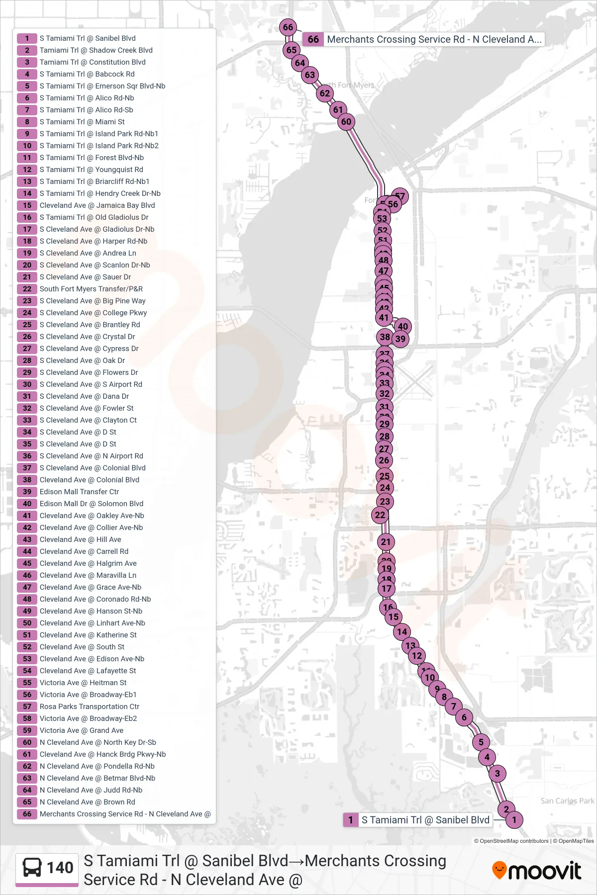 140 bus Line (S Tamiami Trl @ Sanibel Blvd→Merchants Crossing Service Rd - N Cleveland Ave @) route and stops on a map