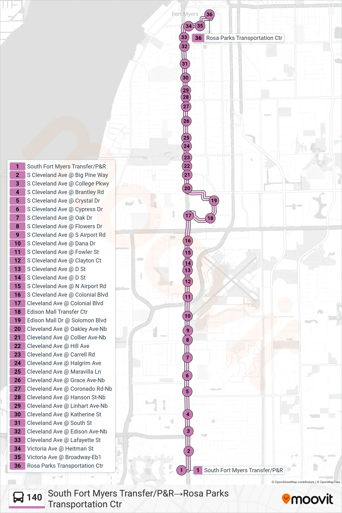140 bus Line (South Fort Myers Transfer/P&R‎→Rosa Parks Transportation Ctr) route and stops on a map