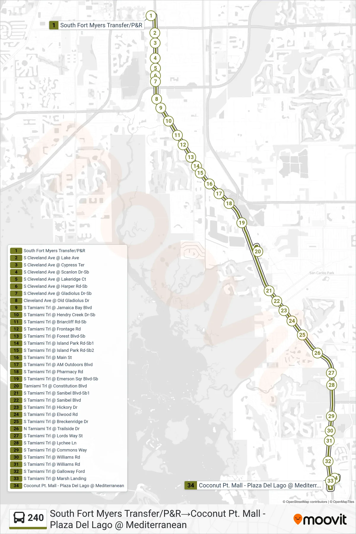 240 bus Line (South Fort Myers Transfer/P&R→Coconut Pt. Mall - Plaza Del Lago @ Mediterranean) route and stops on a map