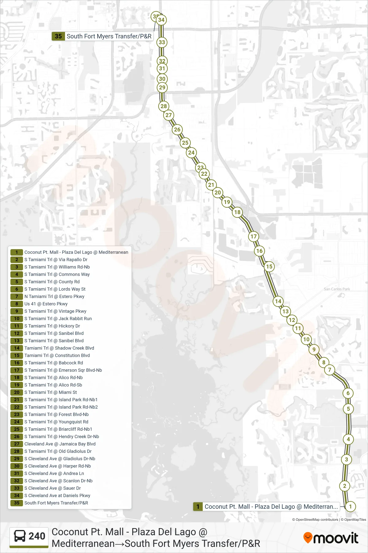 240 bus Line (Coconut Pt. Mall - Plaza Del Lago @ Mediterranean‎→South Fort Myers Transfer/P&R) route and stops on a map