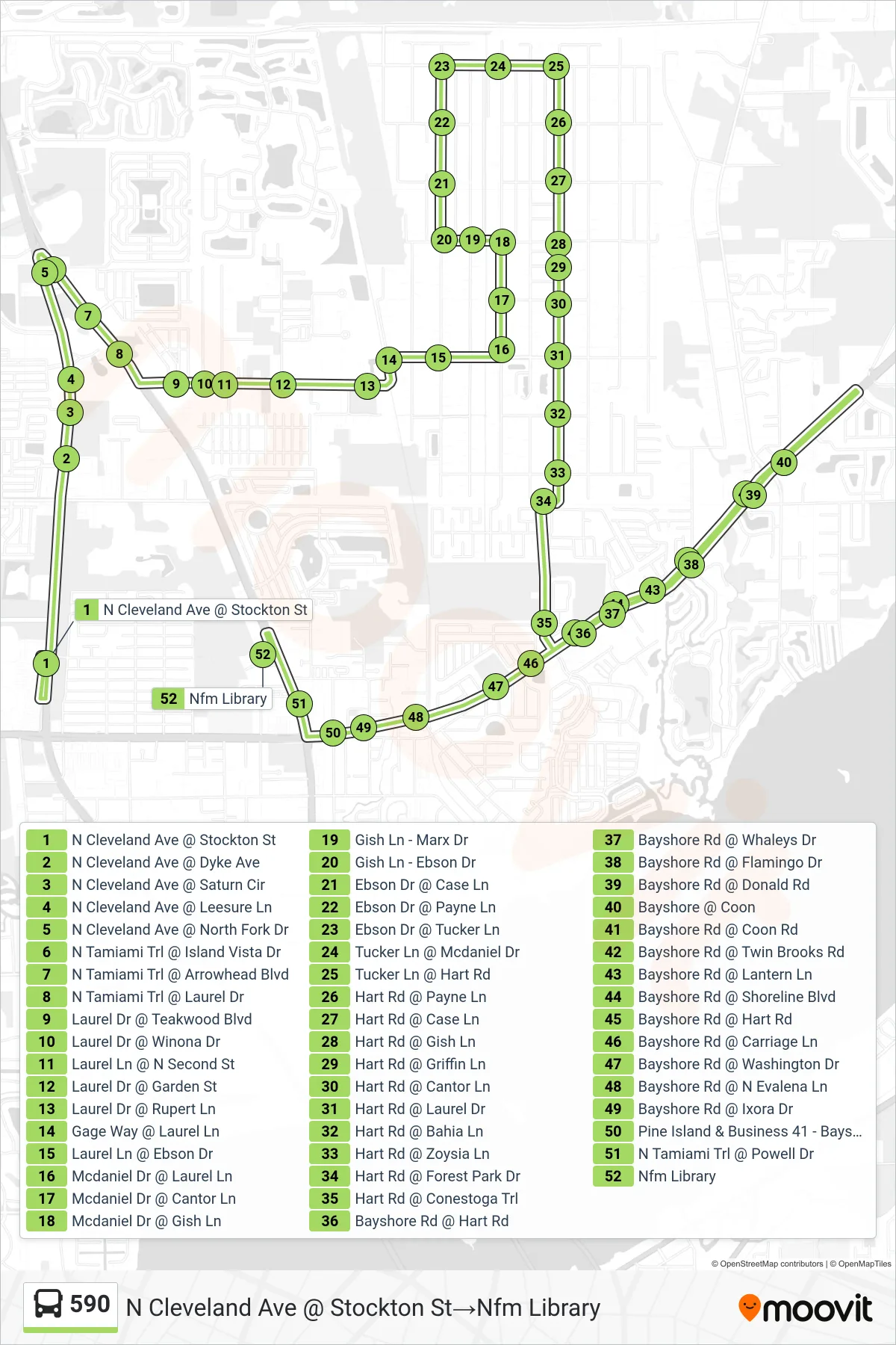 590 bus Line (N Cleveland Ave @ Stockton St→Nfm Library) route and stops on a map