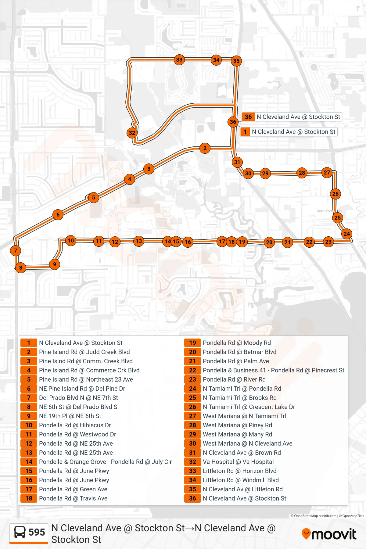 595 bus Line (N Cleveland Ave @ Stockton St‎→N Cleveland Ave @ Stockton St) route and stops on a map