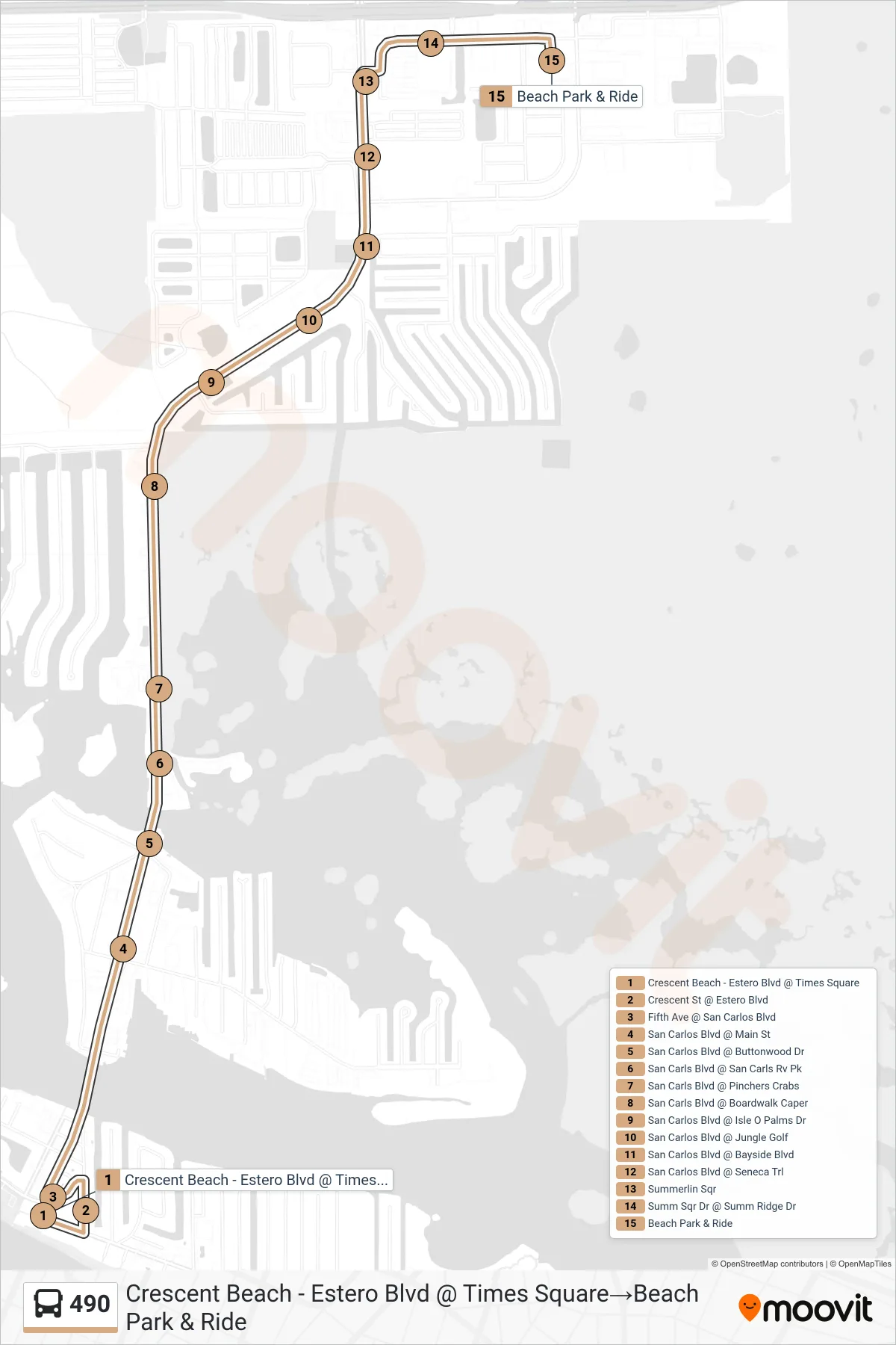 490 bus Line (Crescent Beach - Estero Blvd @ Times Square→Beach Park & Ride) route and stops on a map