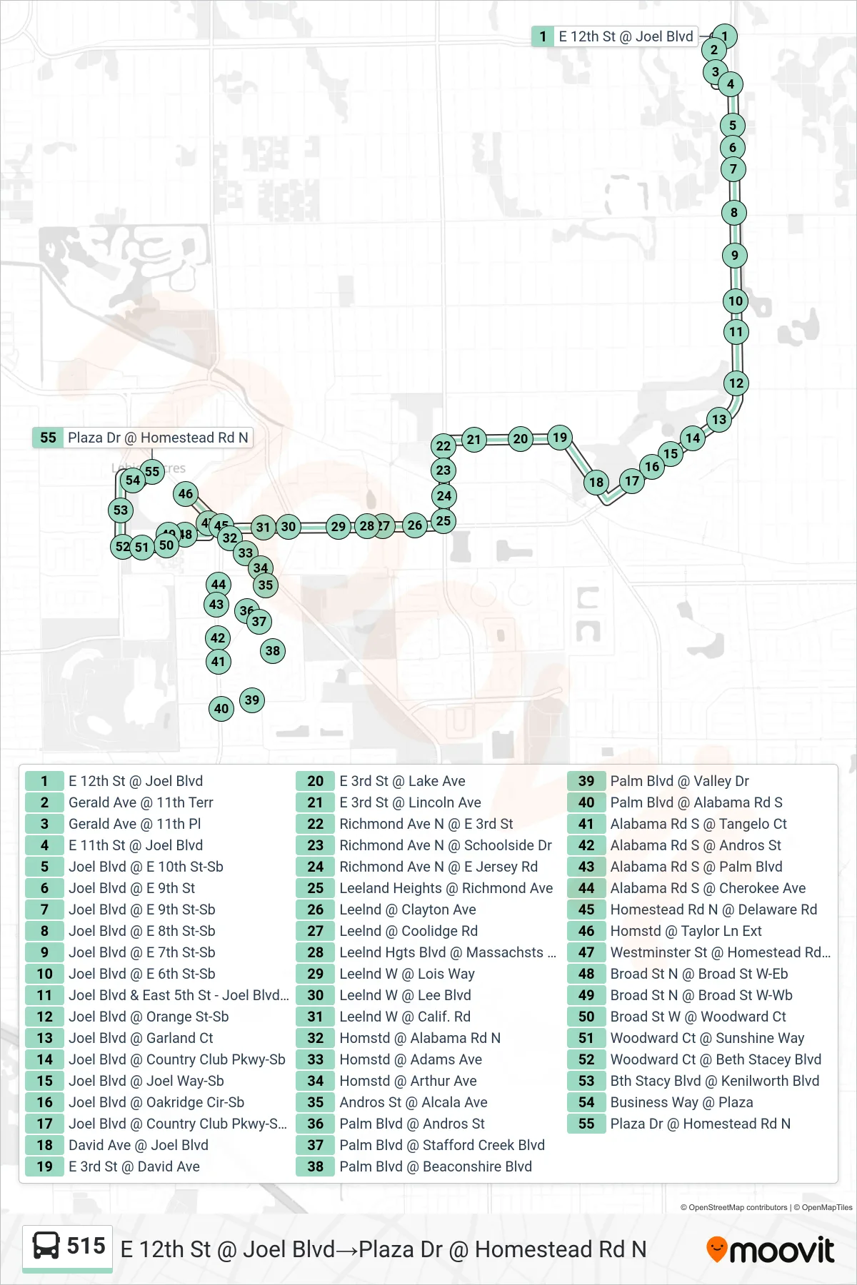 515 bus Line (E 12th St @ Joel Blvd‎→Plaza Dr @ Homestead Rd N) route and stops on a map