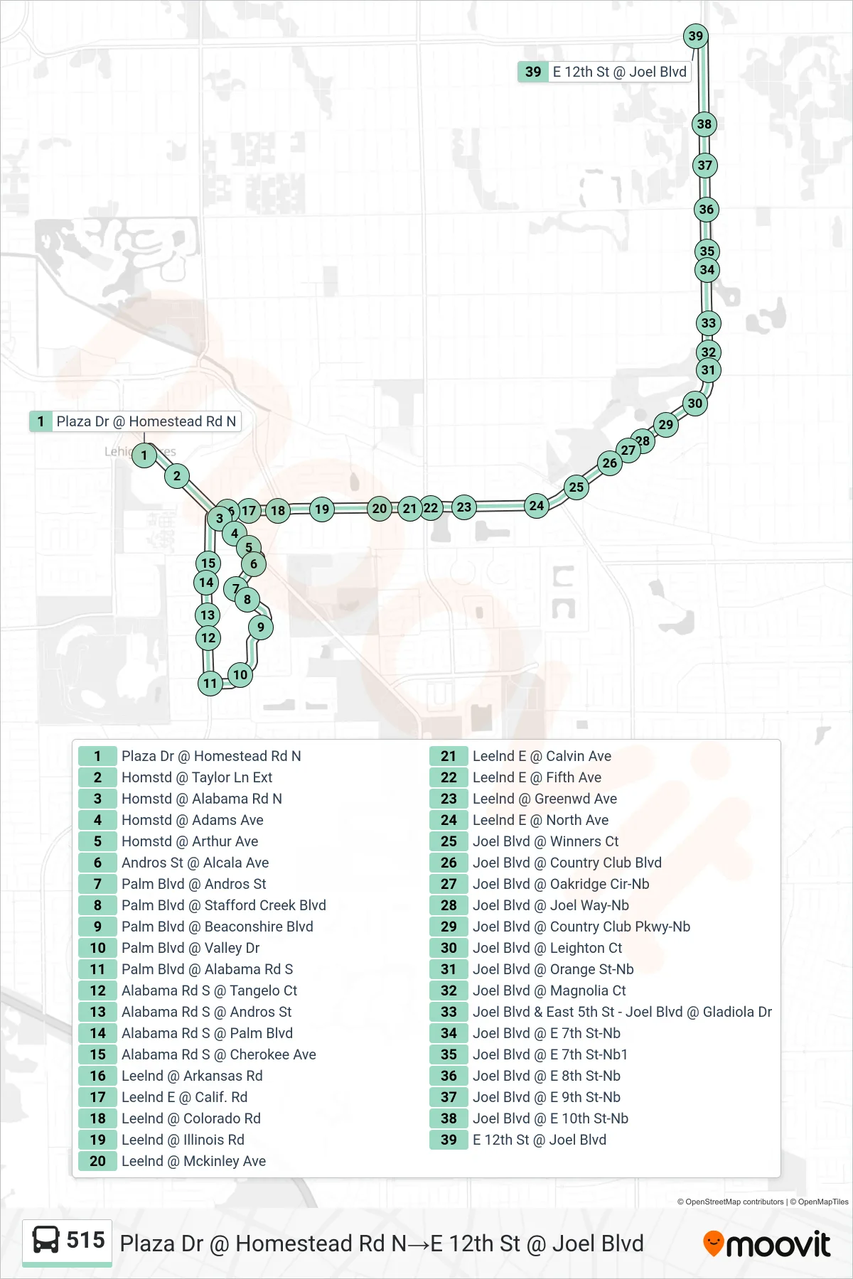 515 bus Line (Plaza Dr @ Homestead Rd N→E 12th St @ Joel Blvd) route and stops on a map