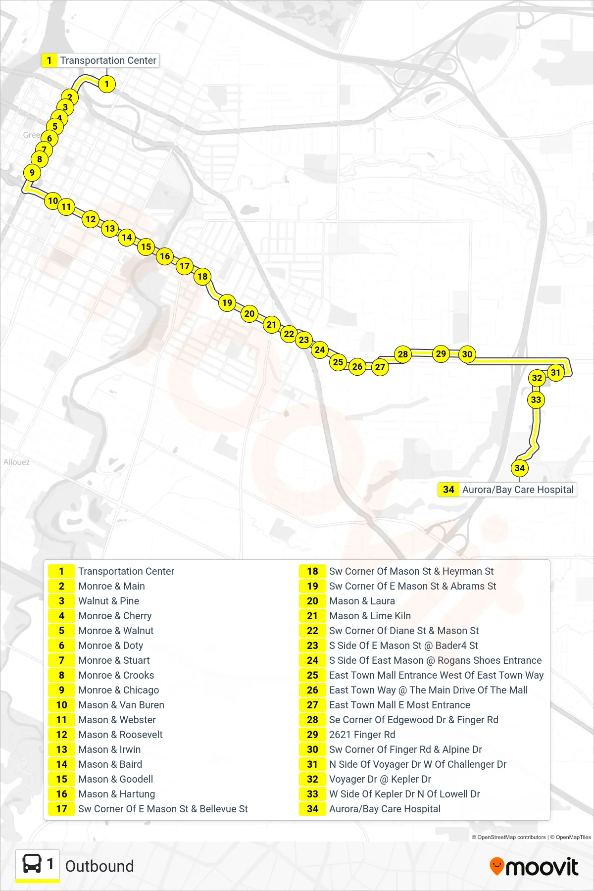1 bus Line (Outbound) route and stops on a map