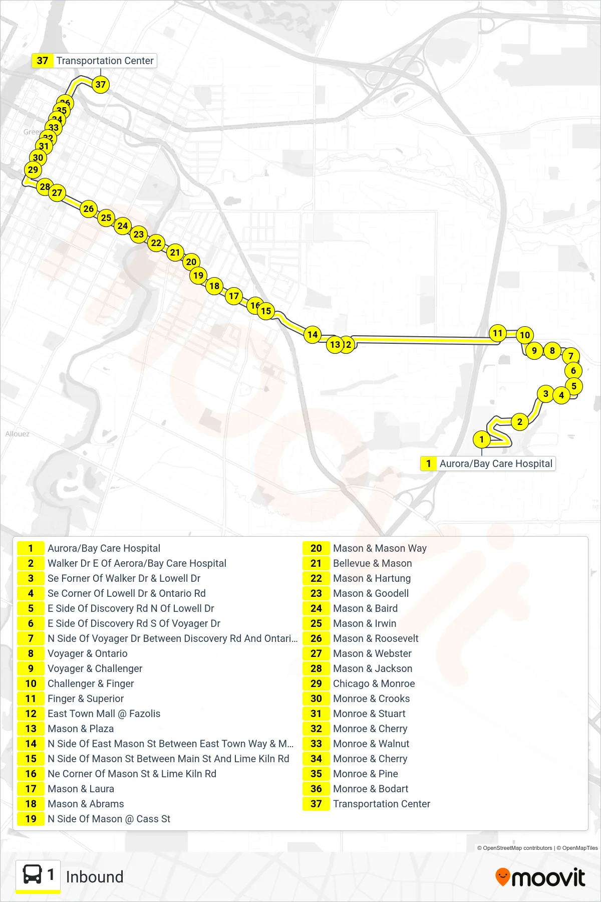 1 bus Line (Inbound) route and stops on a map