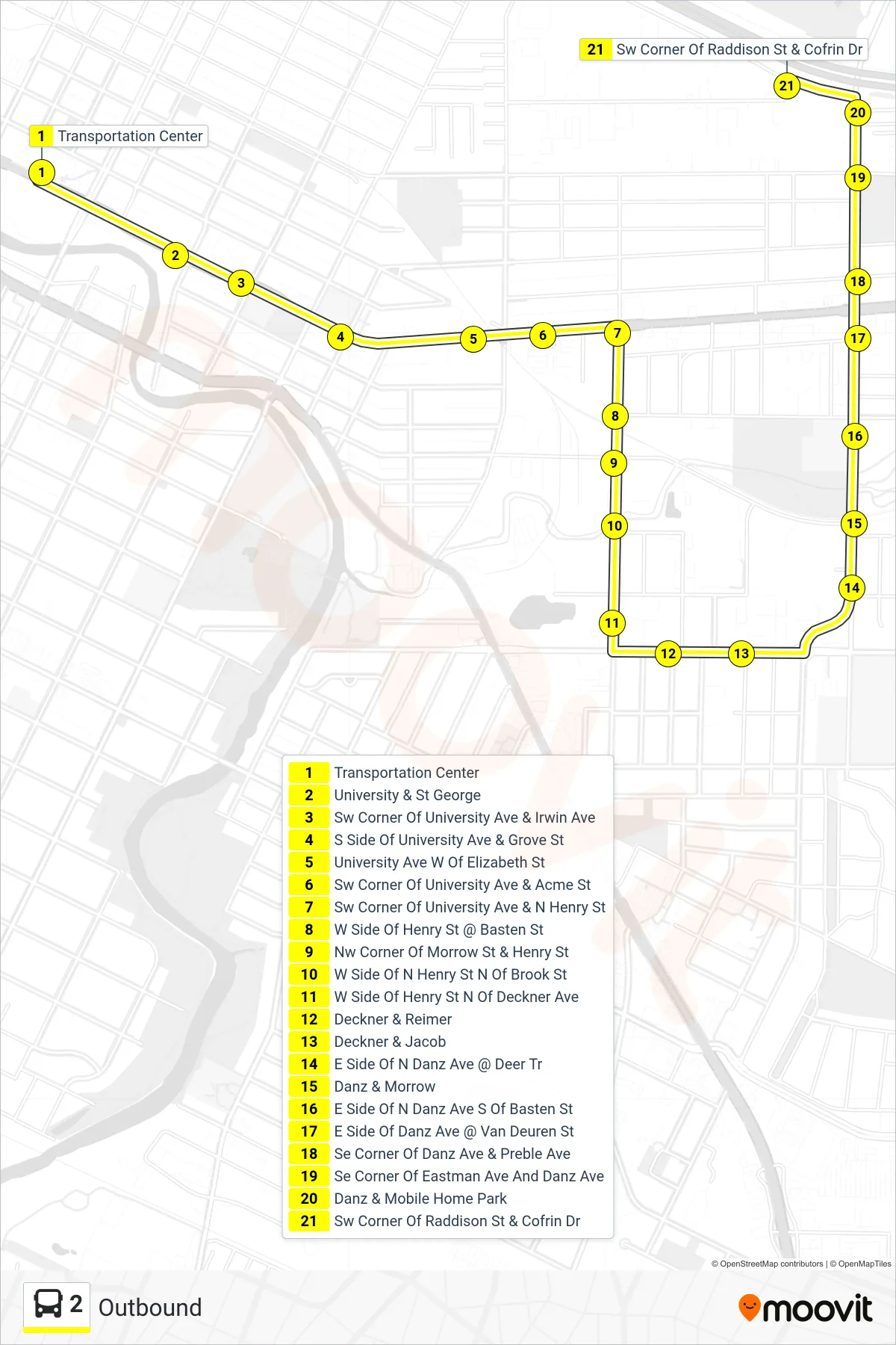 2 bus Line (Outbound) route and stops on a map