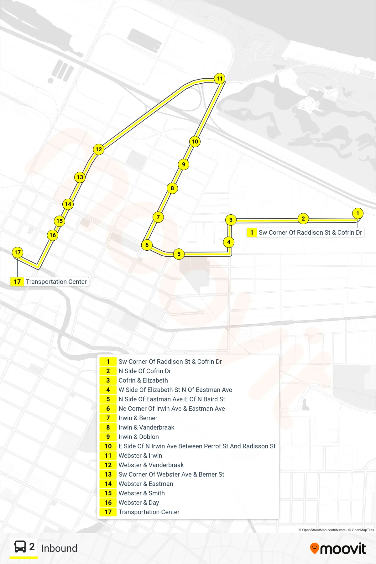 2 bus Line (Inbound) route and stops on a map