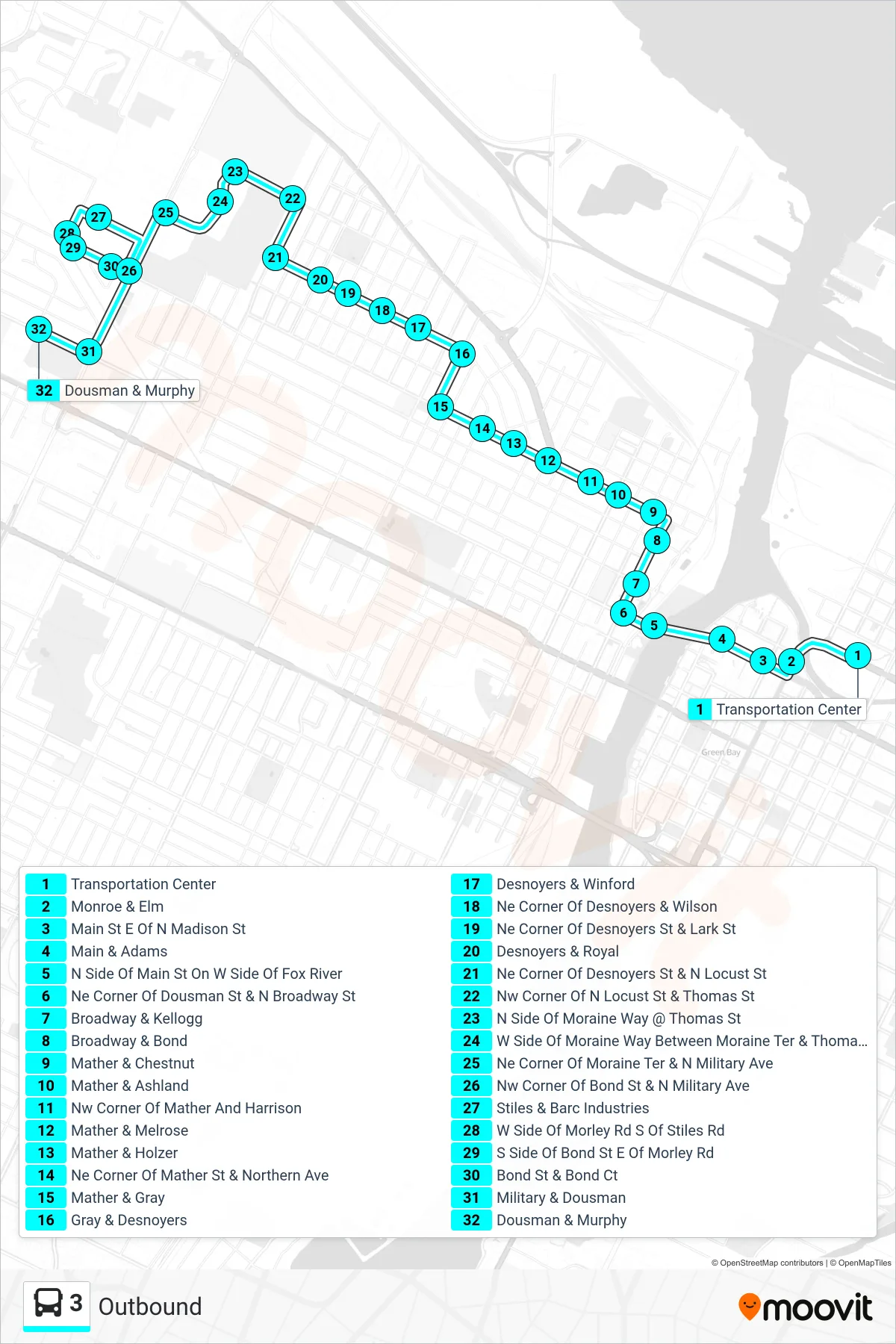 3 bus Line (Outbound) route and stops on a map