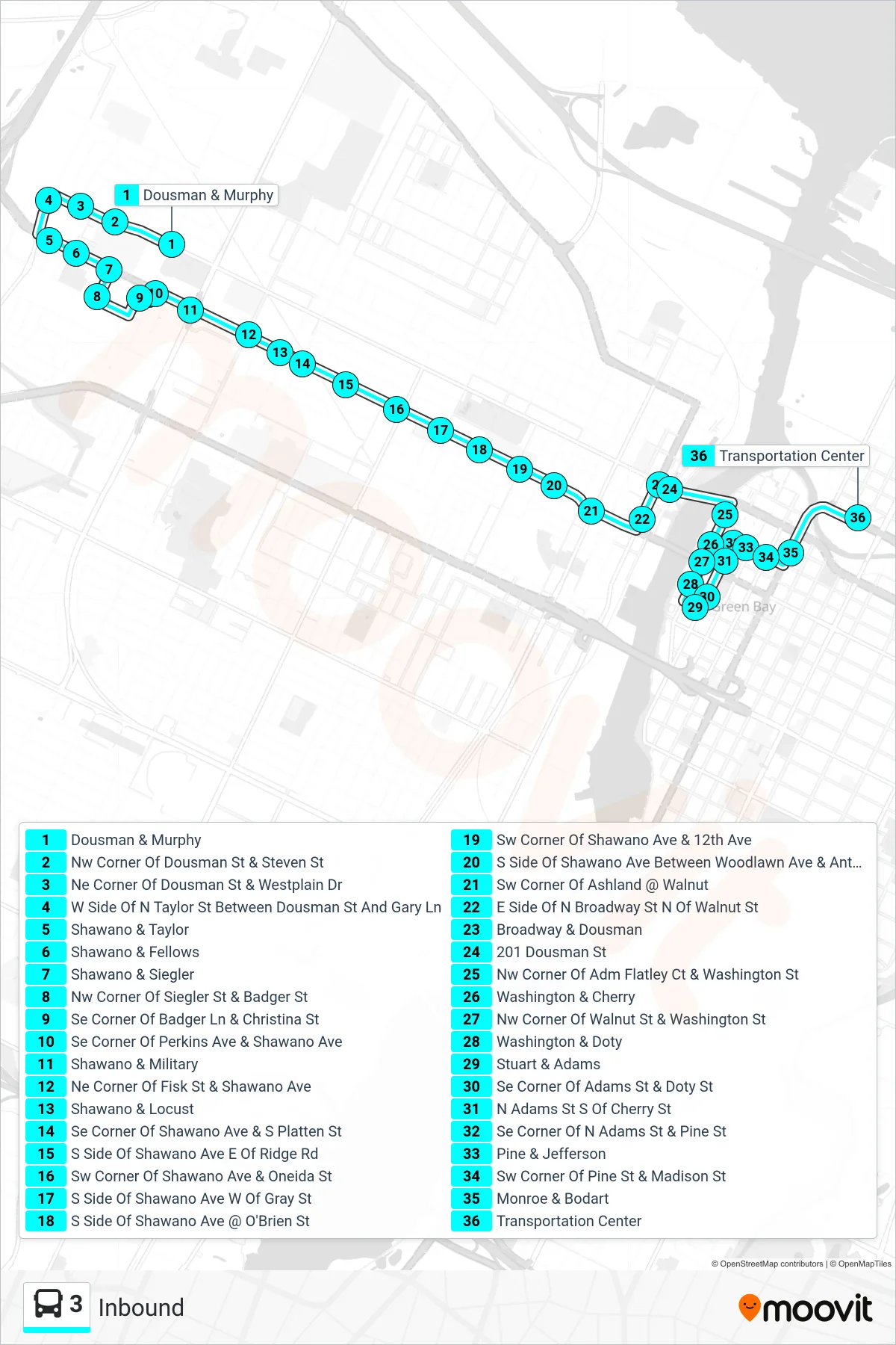 3 bus Line (Inbound) route and stops on a map