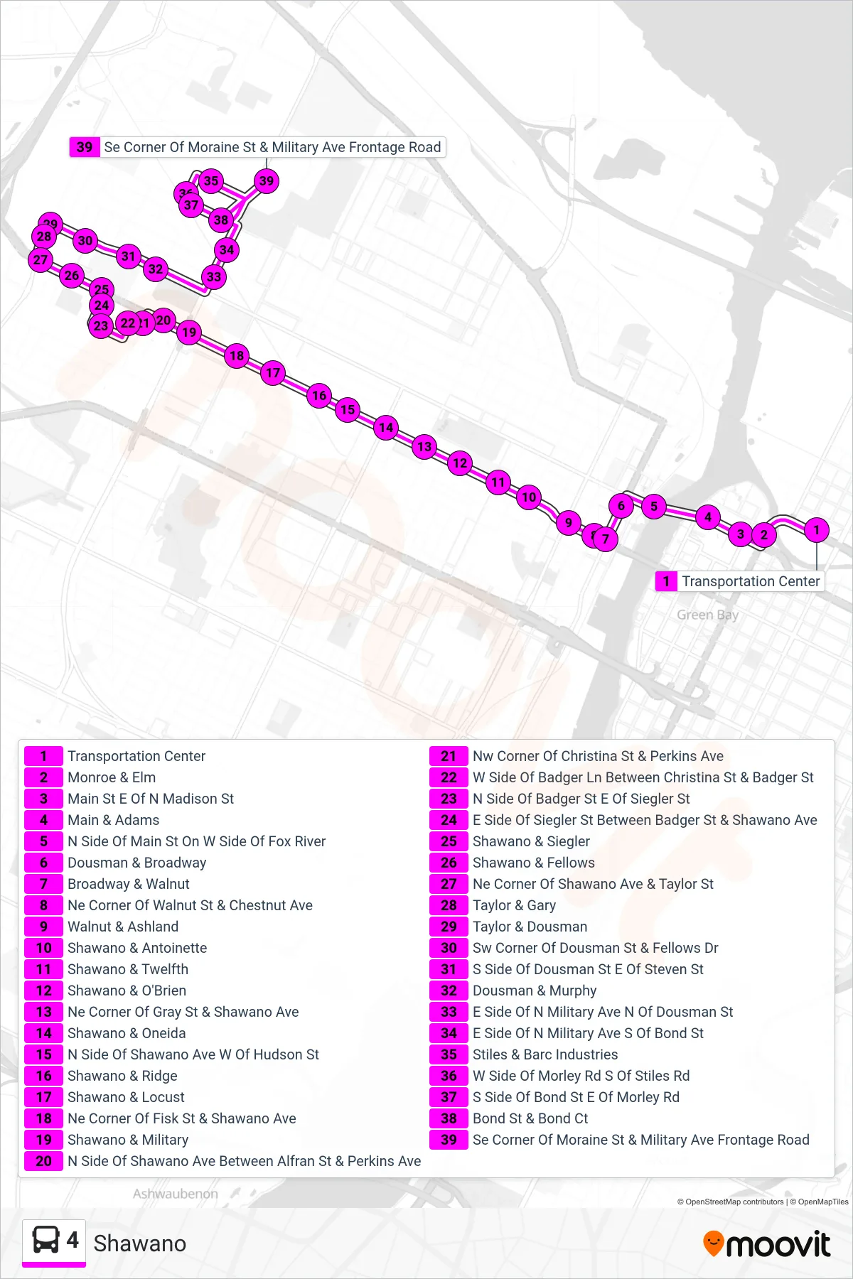 4 bus Line (Outbound) route and stops on a map