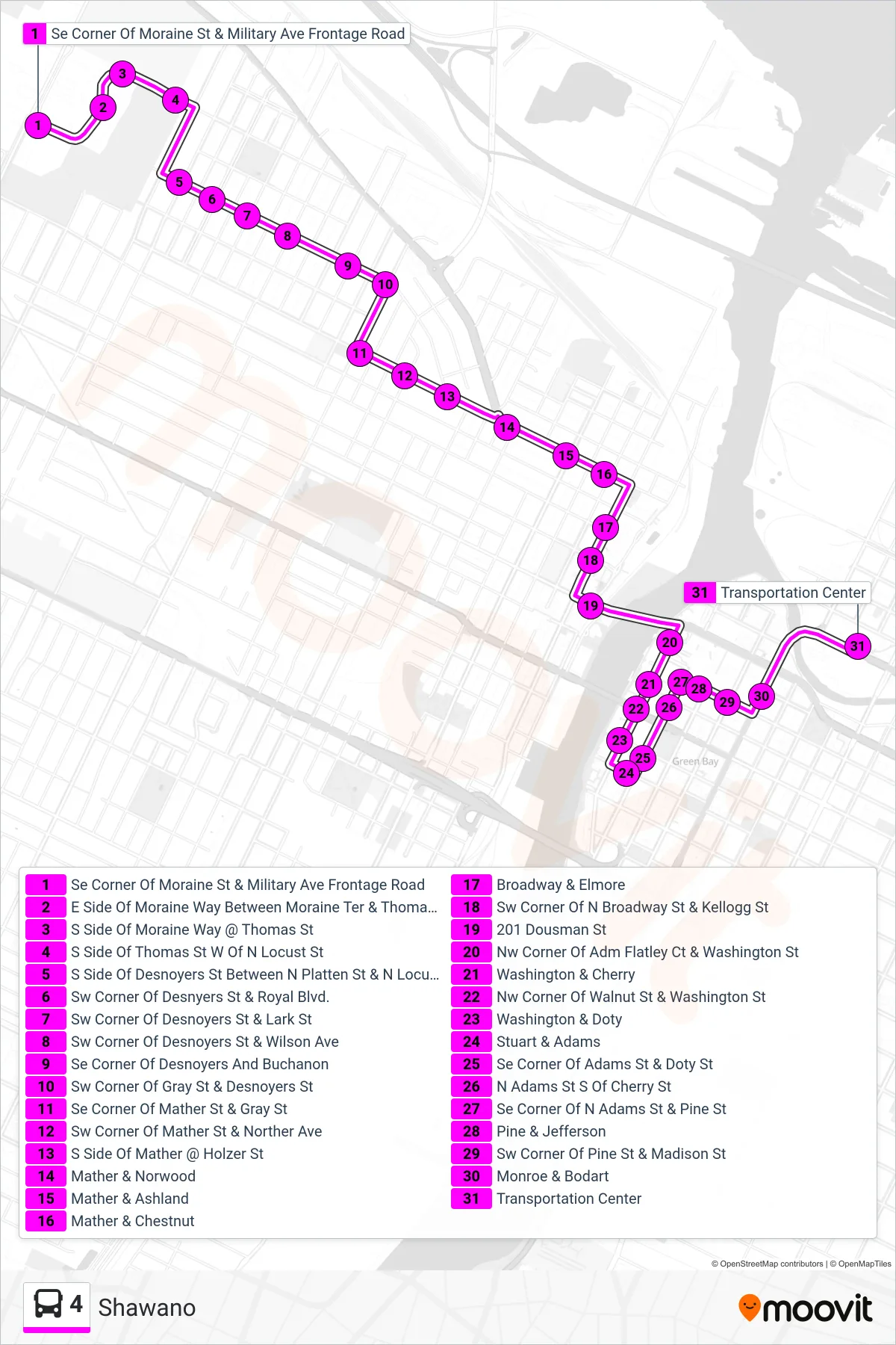 4 bus Line (Inbound) route and stops on a map