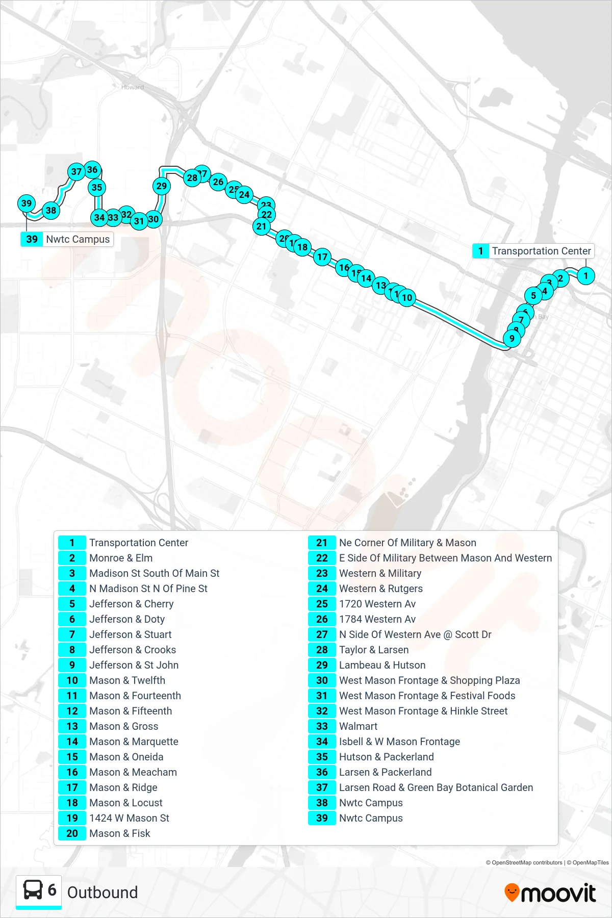 6 bus Line (Outbound) route and stops on a map