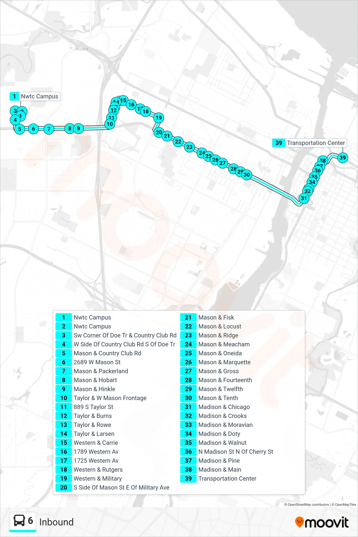 6 bus Line (Inbound) route and stops on a map