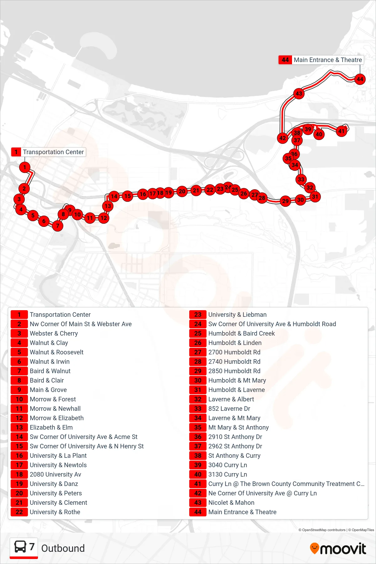 7 bus Line (Outbound) route and stops on a map