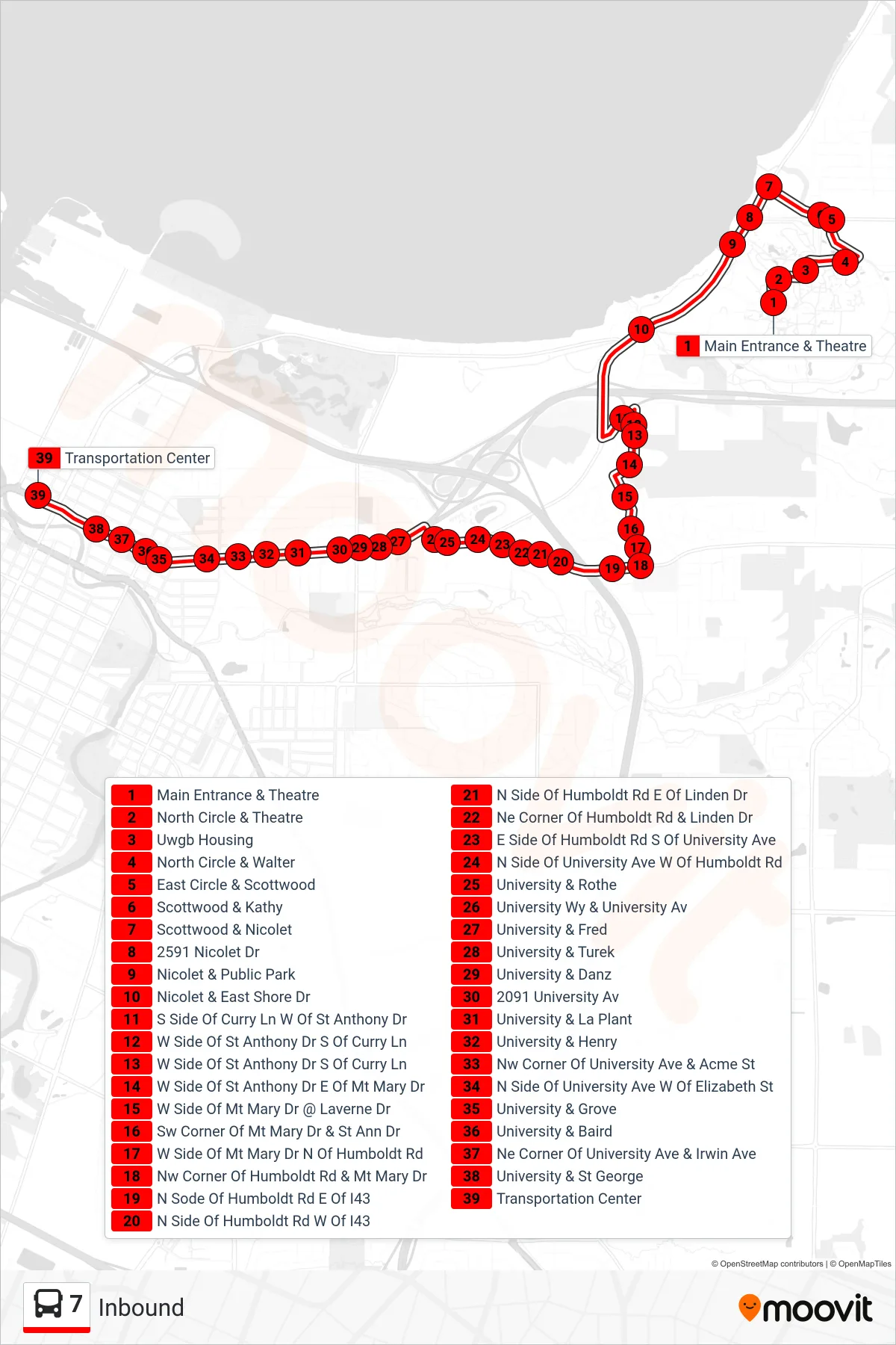 7 bus Line (Inbound) route and stops on a map