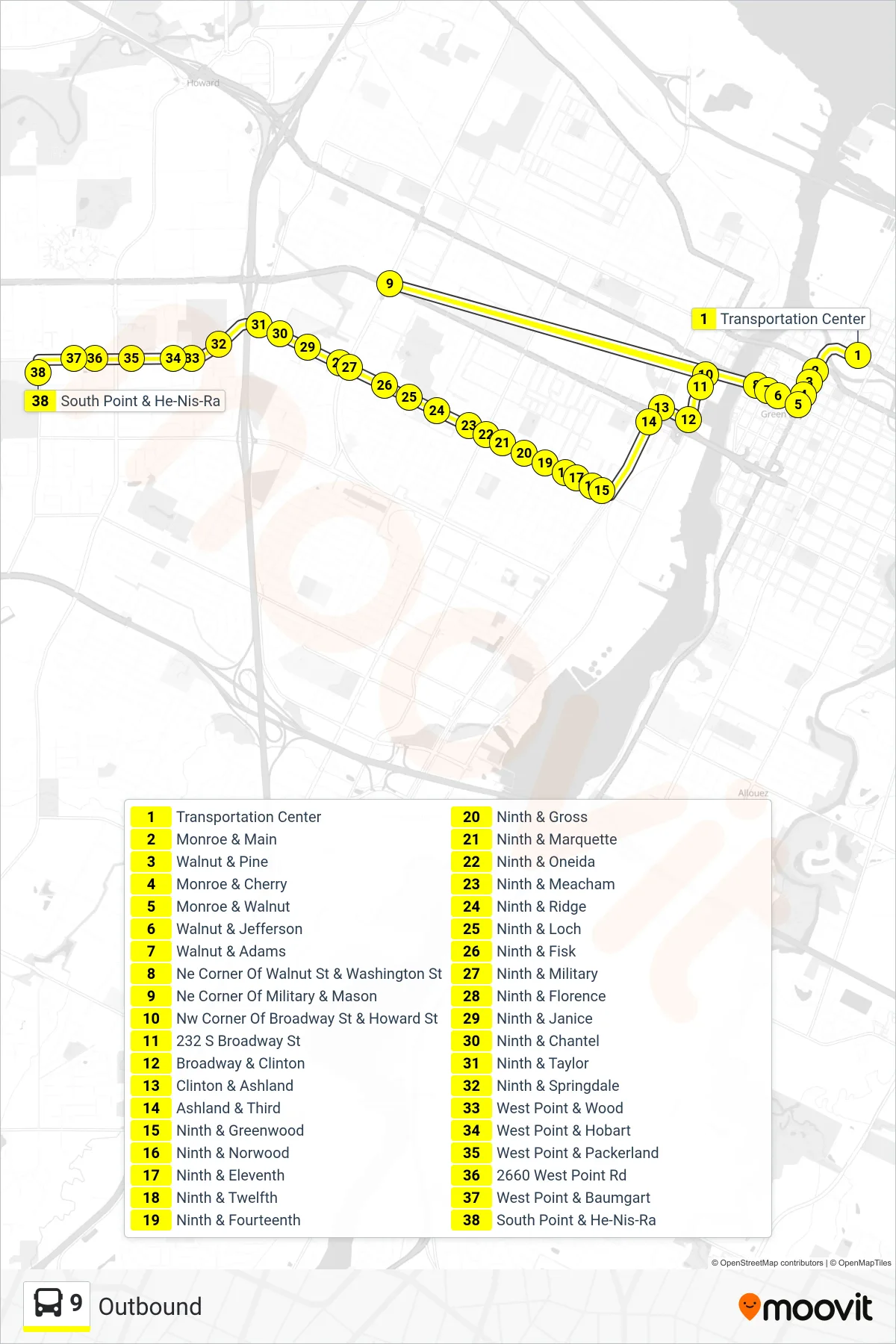 9 bus Line (Outbound) route and stops on a map